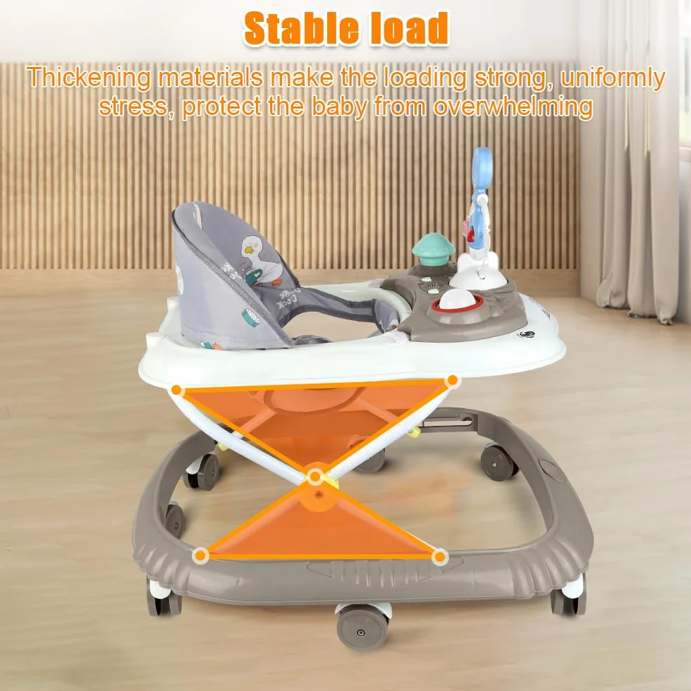 Girello Bambino Primi Passi per Bambini da 6 Mesi a 15 kg, Regolabile in Altezza, girello pieghevole per bambini con vassoio di gioco interattivo con suoni, 67 * 72 * 92cm - Cachi (B)