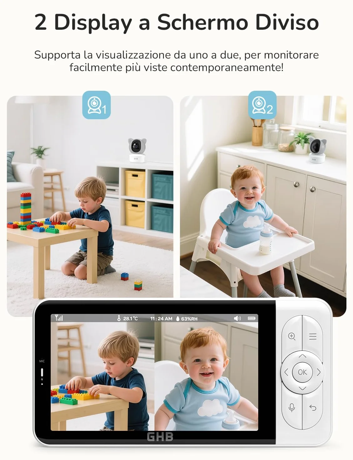 Monitor Baby WiFi con App, IPS 5'', 2K, PTZ 350°/65°, 3000mAh, Rilevamento Movimento/Pianto/Temperatura, Visione Notturna
