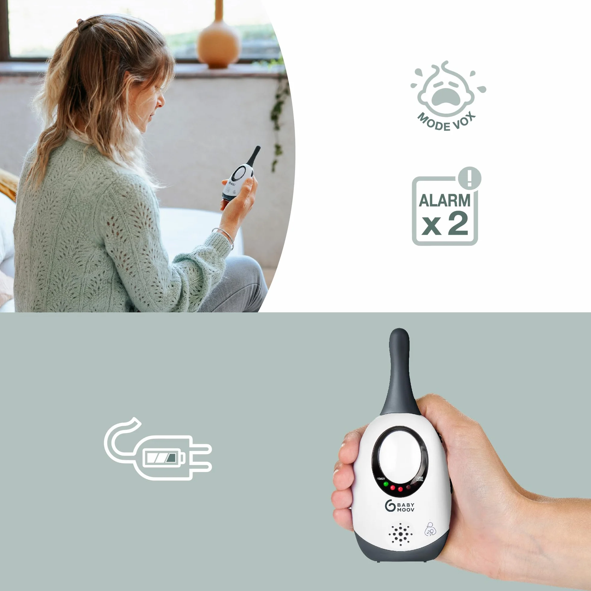 Babymoov Babyphone Simply Care Audio con VOX, doppio allarme, 2 adattatori, portata 300 m, grigio
