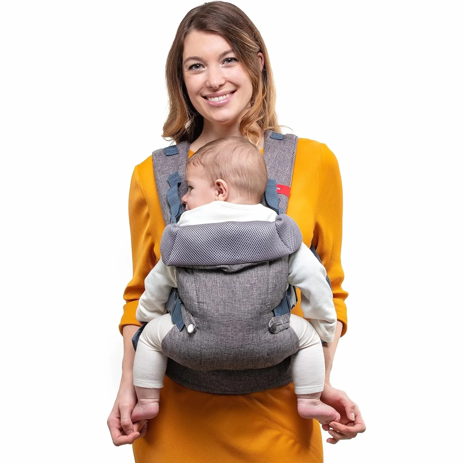 YOU+ME Marsupio neonato 0-36 Mesi (3,2–15 kg) - Marsupio bambino, Tutte le posizioni, ergonomico, regolabile e traspirante con pannelli in rete 3D e bavaglino 2-in-1 (Grigio)