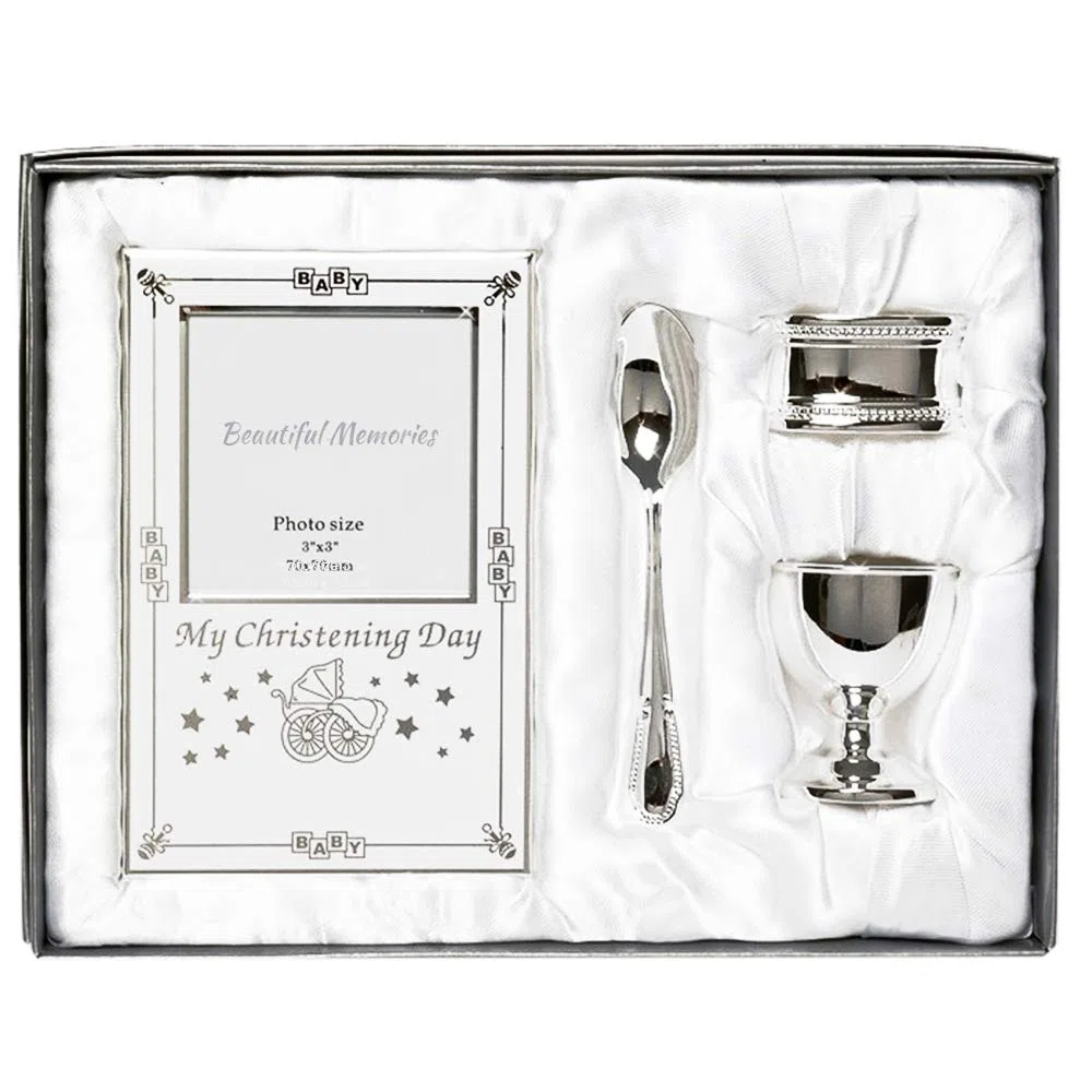 Bellissimo set regalo per battesimo placcato in argento, 4 pezzi, include portauovo, cucchiaio, cornice per foto del bambino, portatovaglioli in confezione regalo