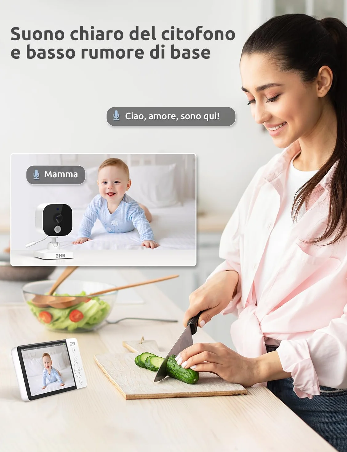 GHB Baby Monitor Video e Audio 5" 720P HD Telecamera Bambini con Schermo IPS 5000mAh VOX Visione Notturna Rilevamento della Temperatura