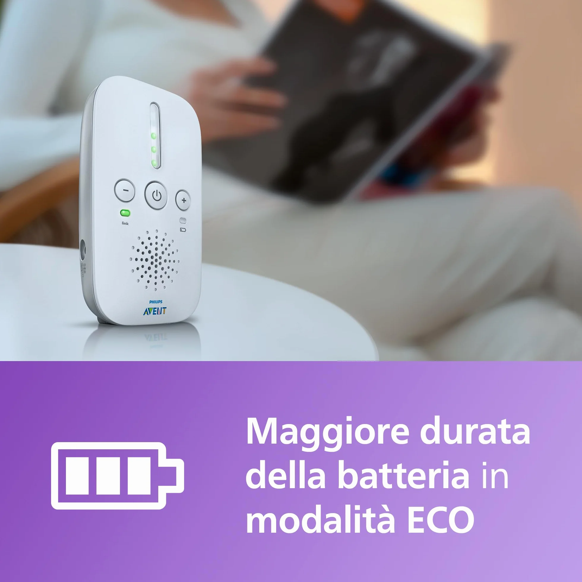 Philips Avent DECT Audio Baby Monitor SCD503/26, audio bidirezionale, portata 330m, batteria 24h, modalità Smart ECO, luce notturna