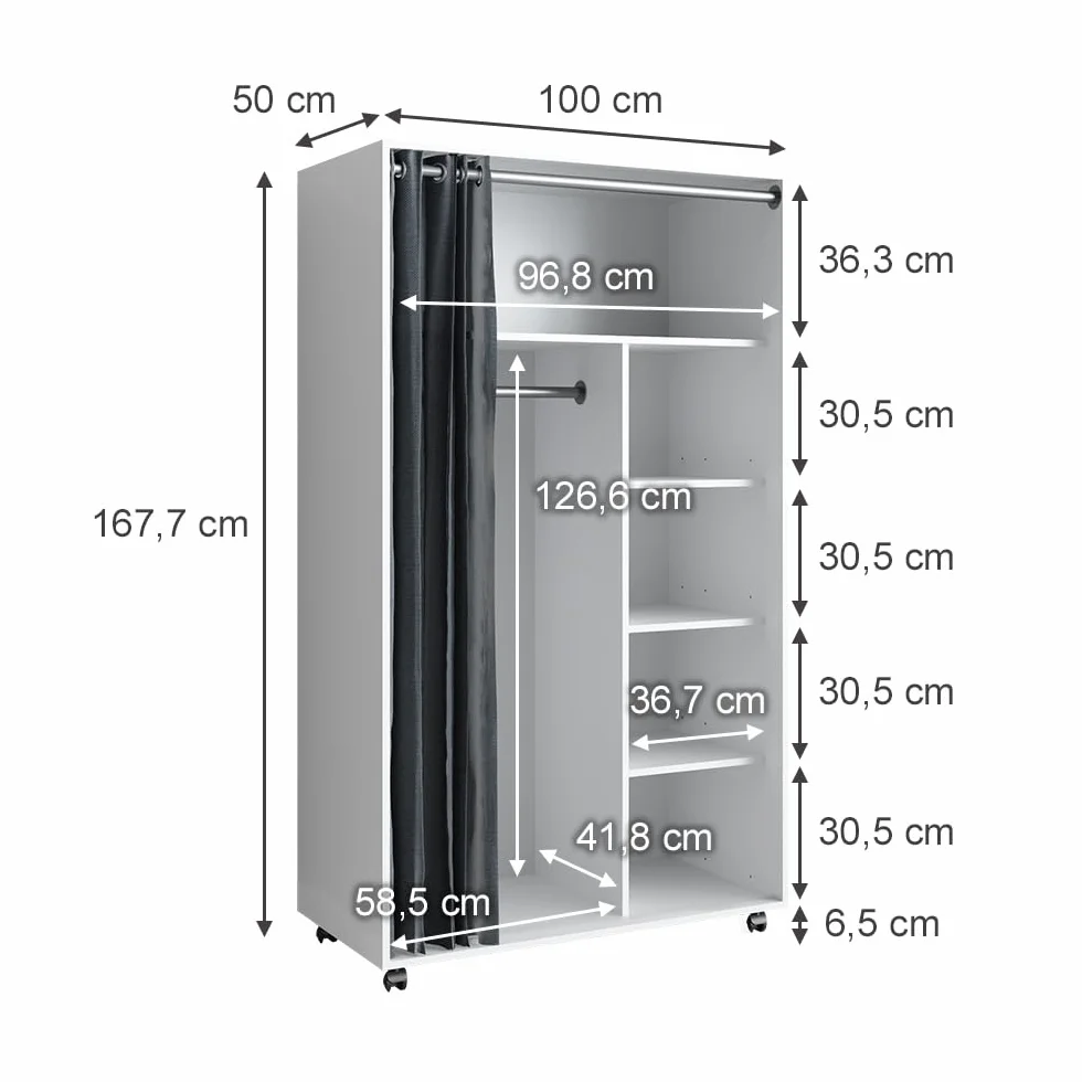 Vicco Armadio multifunzione Doros Bianco 100x168 cm con rulli