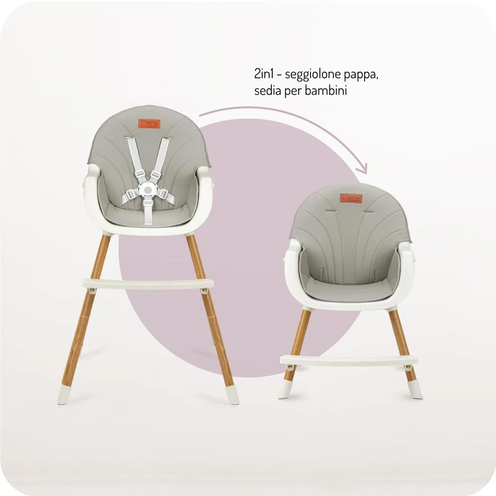 MoMi Seggiolone Pappa Evolutivo 3 in 1 - Sedia Evolutiva per Bambini da 6 a 36 Mesi - Cinture di sicurezza, Rivestimento in ecopelle, Poggiapiedi, Portabicchiere, Gioco con Ventosa - Grigio