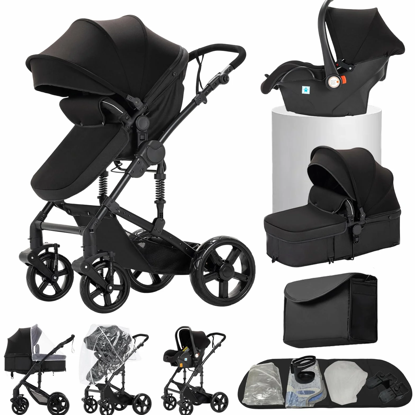 Passeggino 3 in 1 Trio Navicella Neonato Sistema Viaggio Seggiolino Auto 0-36 Mesi Nero