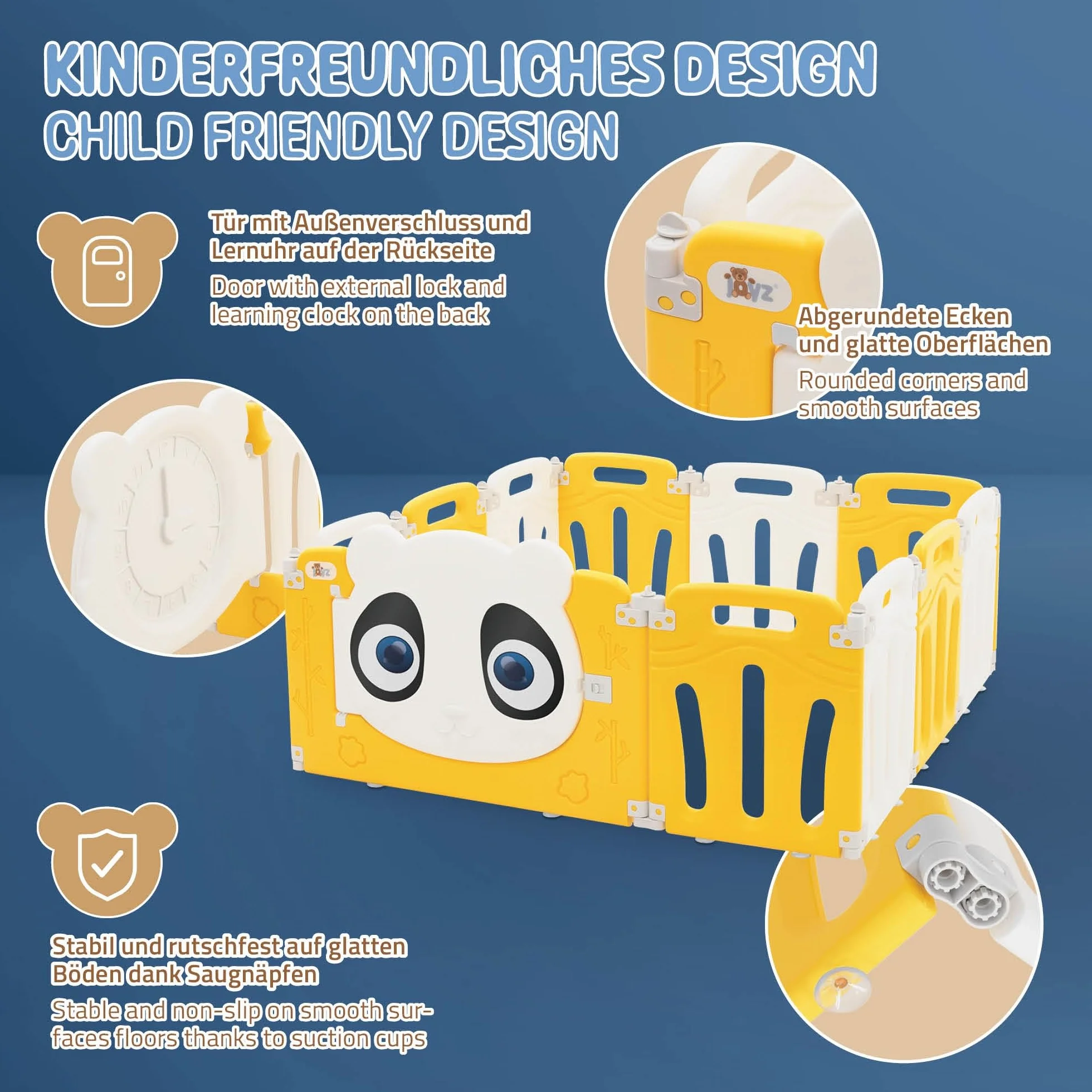Joyz Box Bambini 120x120 cm Pieghevole Design Panda Bianco/Giallo Cancelletto con Porta e Orologio Didattico Recinto in Plastica per Interni/Esterni Cancelletto per l’Esplorazione dei Neonati