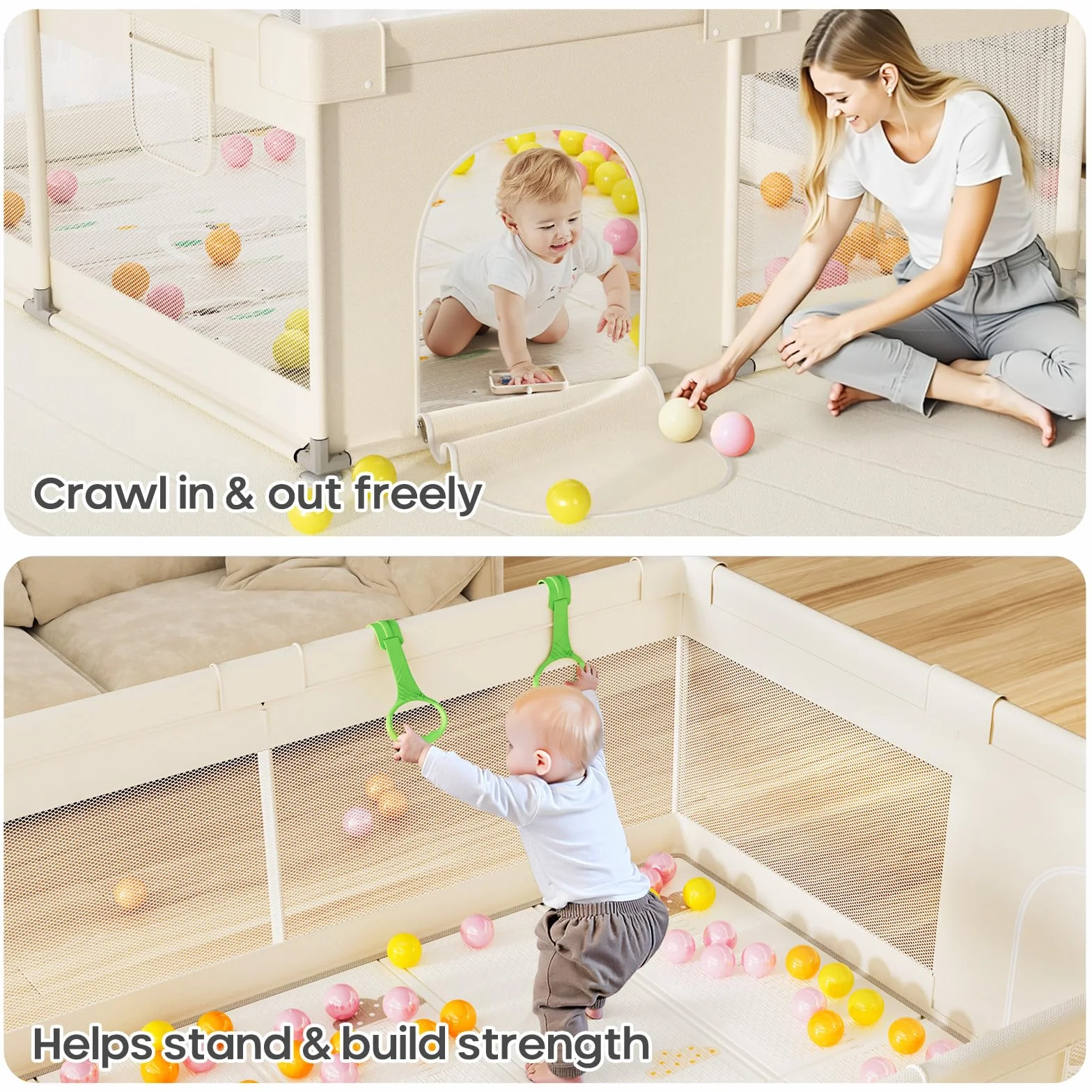 Beige Box Bambini con Materassino - Box Neonato 150×180cm,Recinto per Bambini con 4 Anelli,Imbottitura Morbida