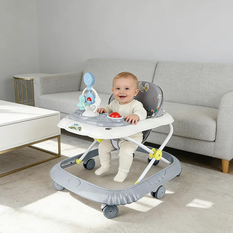 Girello 4 in 1, girello pieghevole per bambini con vassoio di gioco interattivo con suoni, base anti-ribaltamento, deambulatore ruote in silicone e 4 posizioni di altezza, da 6 a 18 mesi (grigio-67 x