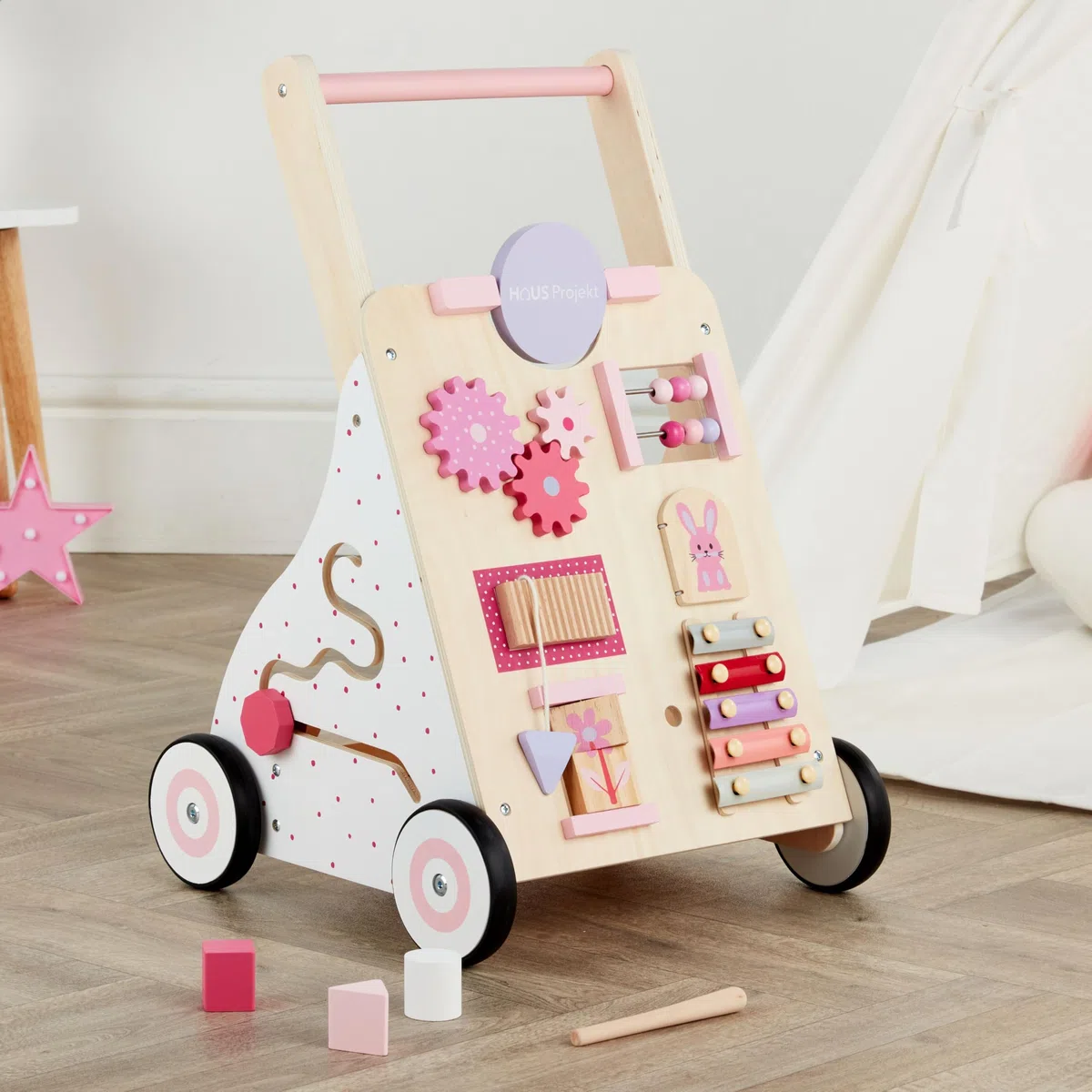 Haus Projekt Carrello Primi Passi Rosa, Girello Bambina di Legno Rosa, Carrellino Primi Passi Legno, Giocattoli per Bambini 1 anno, Regali di Primo Compleanno per Bambini, Regalo di Pasqua