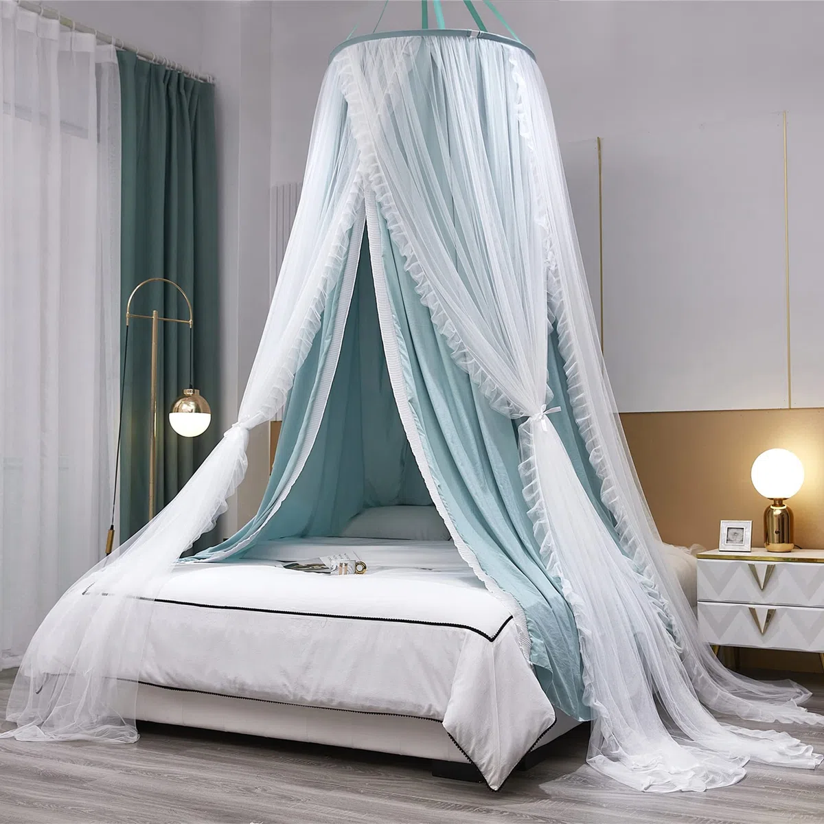 Baldacchino a Cupola Tonda a Doppio Strato per Principessa Tenda da Letto per Ragazze e Zanzariera da Sogno Decorazione Carina per Camera da Letto Castello da Gioco Angolo Lettura(Verde/Bianco)