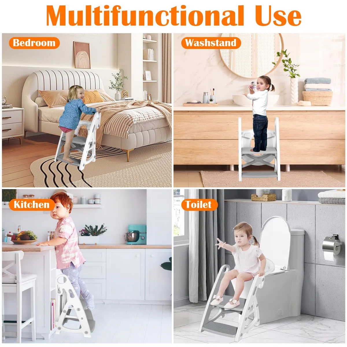 Withosent Riduttore WC Bambini con Scaletta, Altezza Regolabile Scaletta WC con PU Imbottita, Pieghevole 2-in-1 Scaletta Bambini, Riduttore Water con Pedana Antiscivolo per Ragazzi, Ragazze