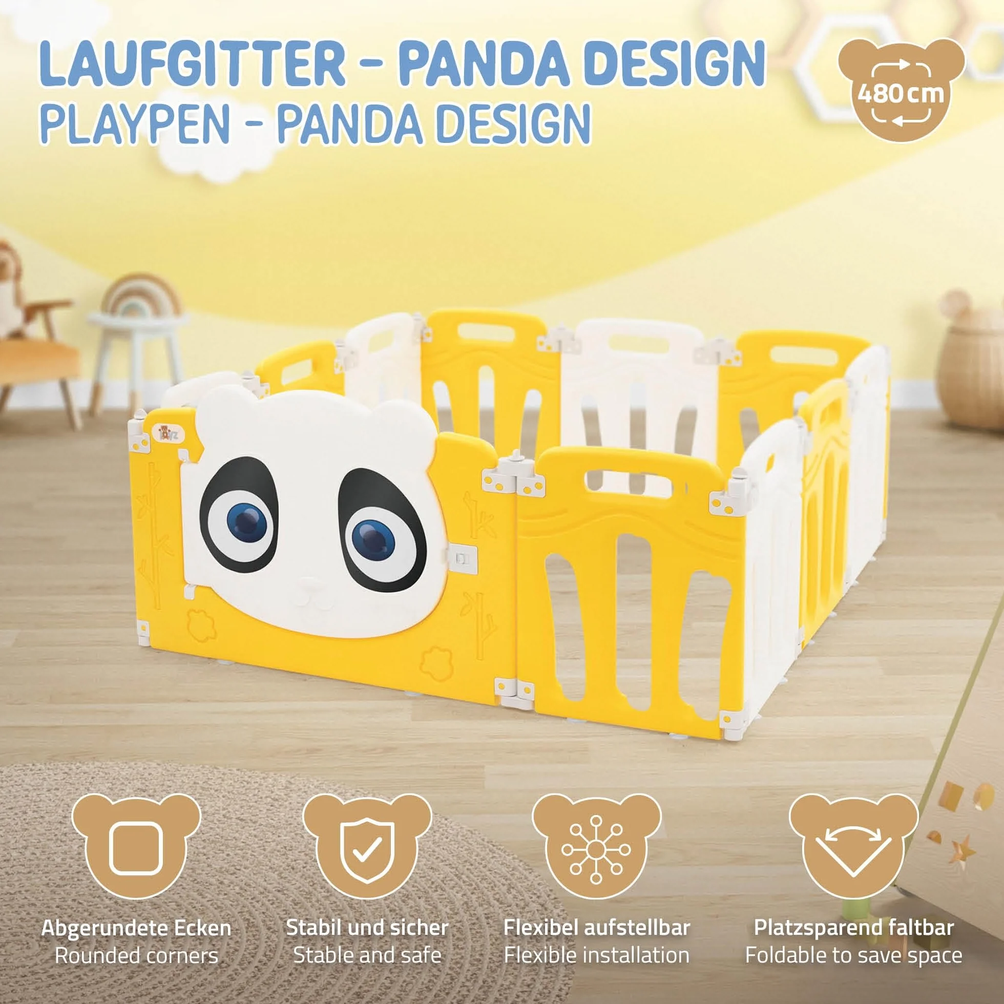 Joyz Box Bambini 120x120 cm Pieghevole Design Panda Bianco/Giallo Cancelletto con Porta e Orologio Didattico Recinto in Plastica per Interni/Esterni Cancelletto per l’Esplorazione dei Neonati