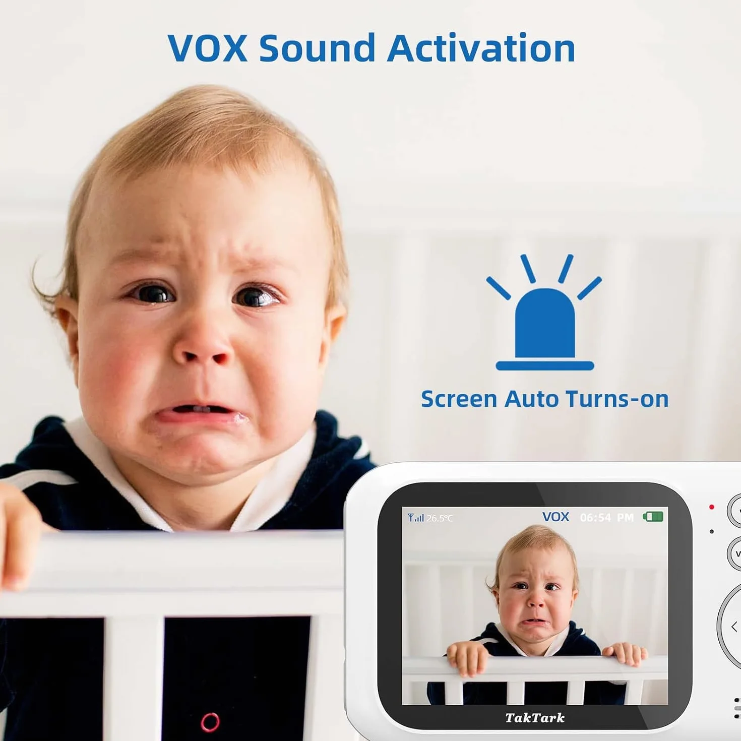 TakTark Baby Monitor Video e Audio, 3.2'' IPS 750mAh Telecamera Bambini con Monitor Video Baby Monitor Videocamera VOX, Visione notturna, Comunicazione Bidirezionale Sensore di temperatura