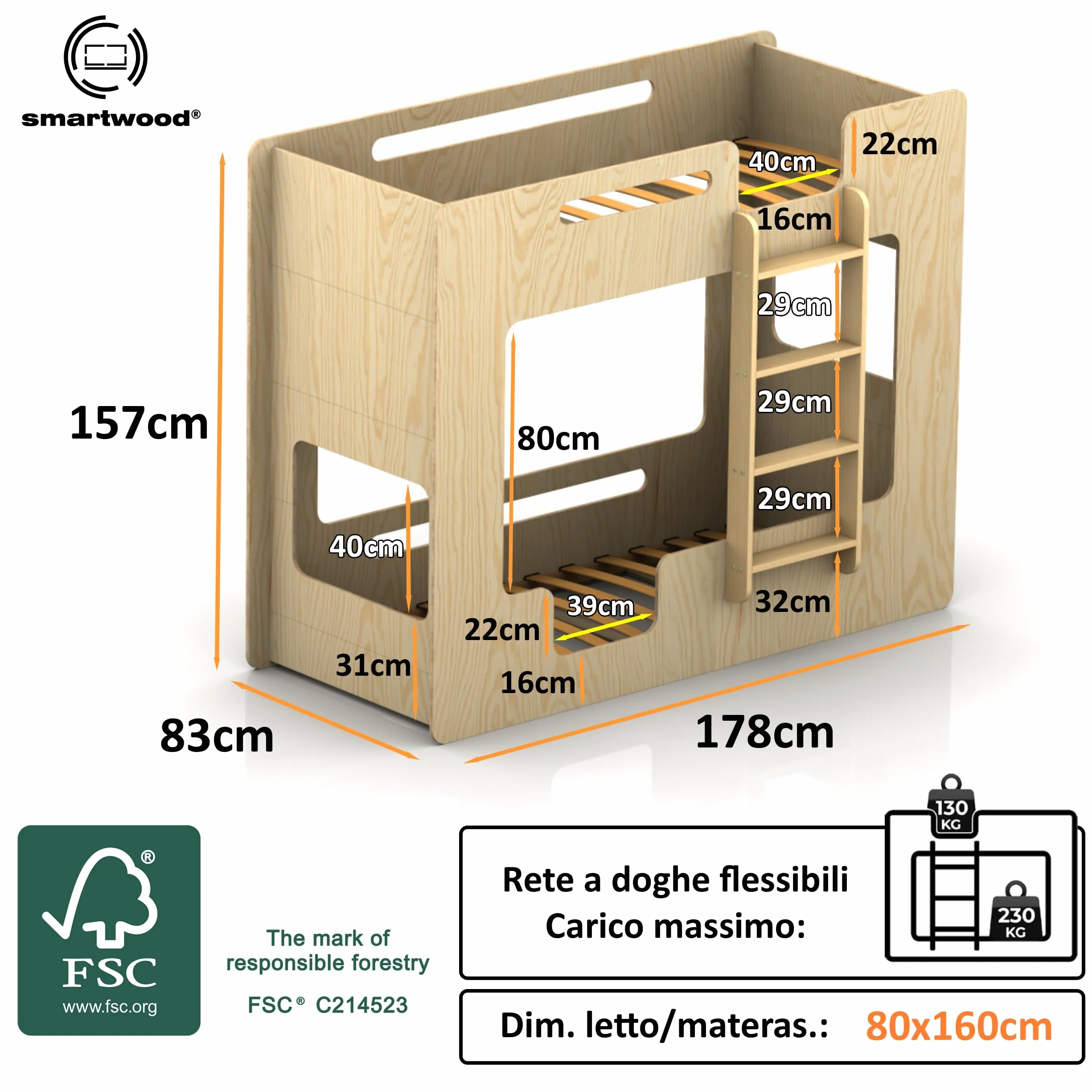 Letto a Castello 80x160 cm in Legno con Sponde di Sicurezza e Rete a Doghe - Supporta Fino a 230 kg - MIMI B