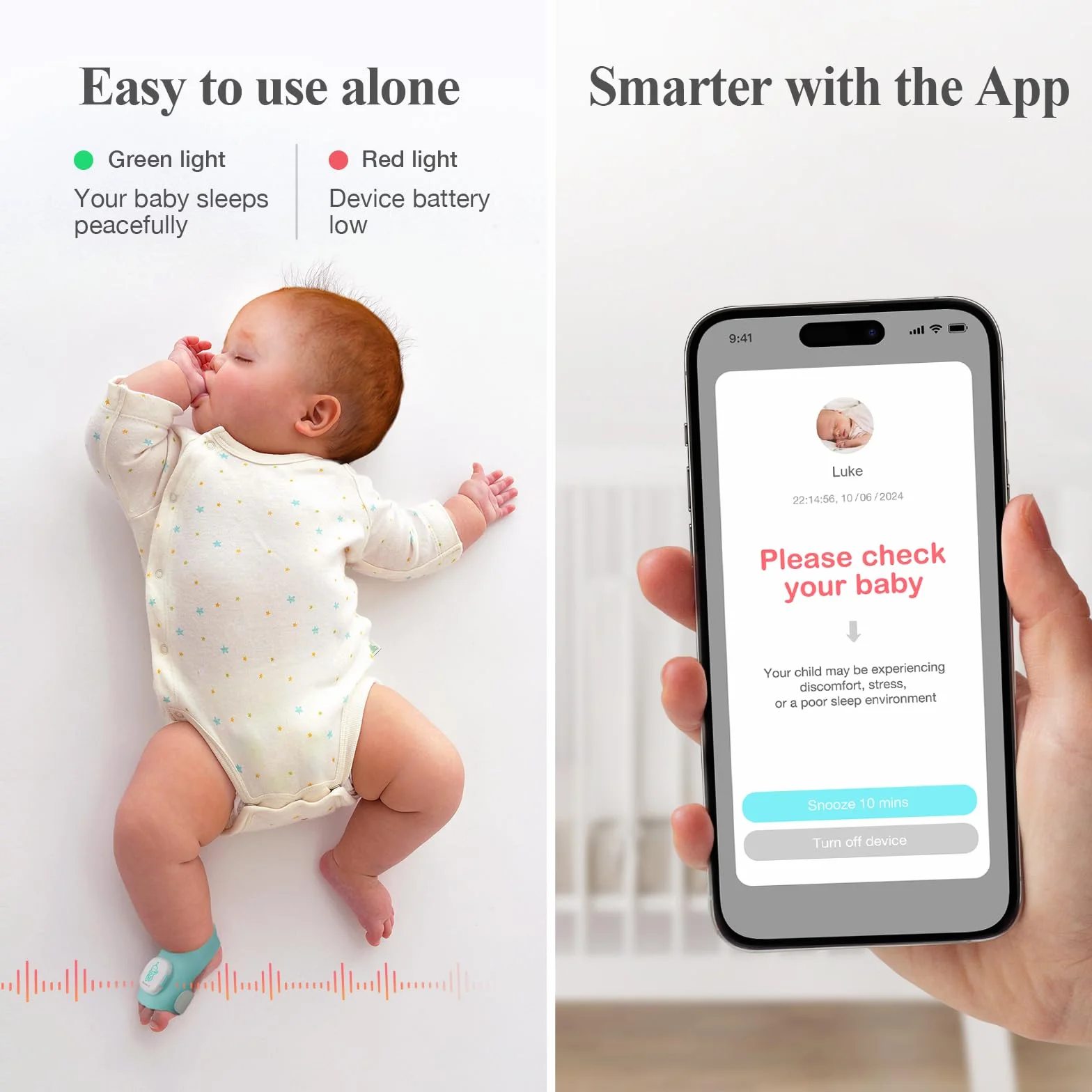 Sense-U Baby Smart Sock Shoe Baby Monitor, monitora i modelli di sonno, frequenza cardiaca, movimento per la pace della mente, monitor del piede infantile per un sonno migliore, 0-12 mesi