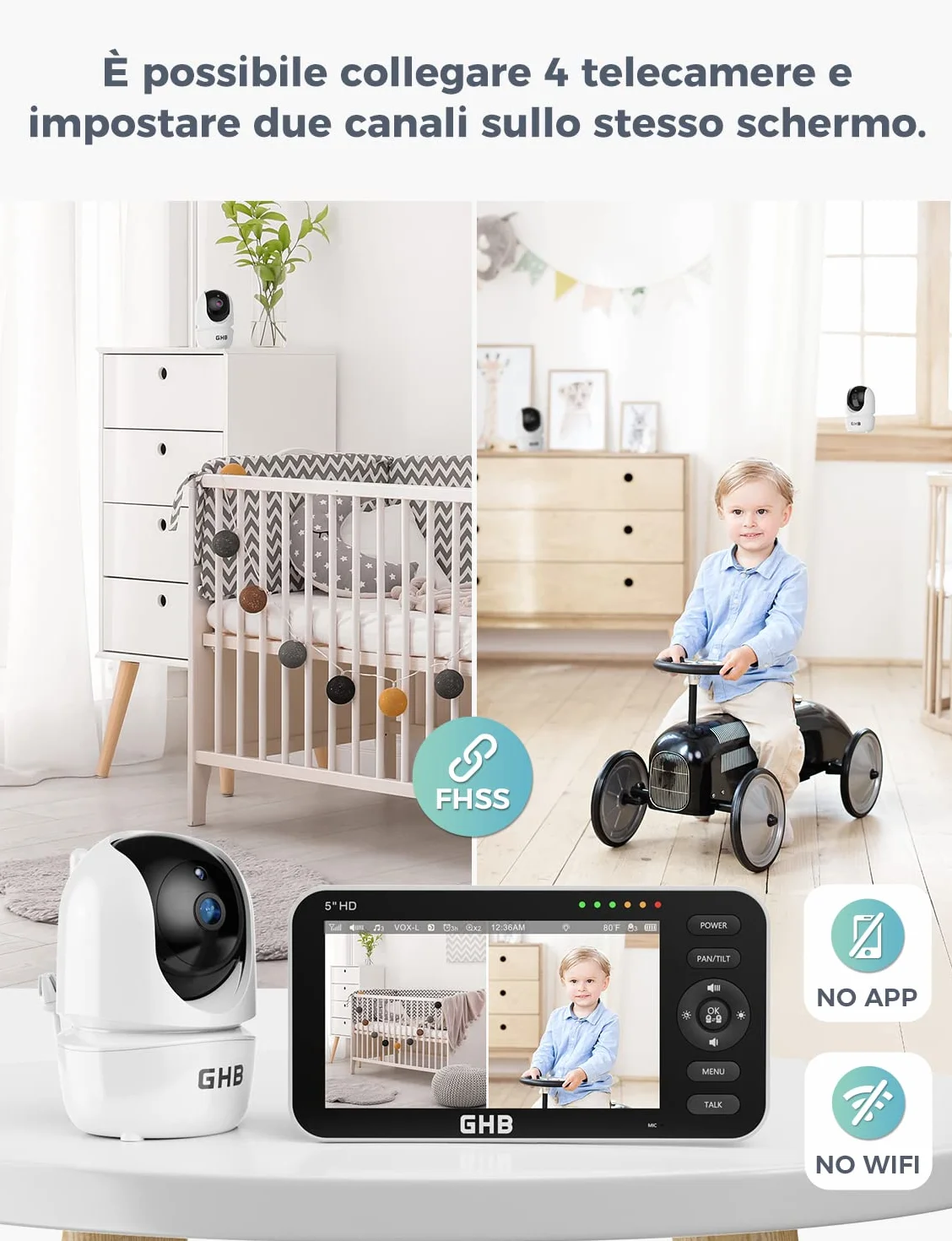 GHB Baby Monitor Video e Audio Videocamera Schermo 5'' 350°/110° Comunicazione Bidirezionale VOX Visione Notturna Monitoraggio Temperatura