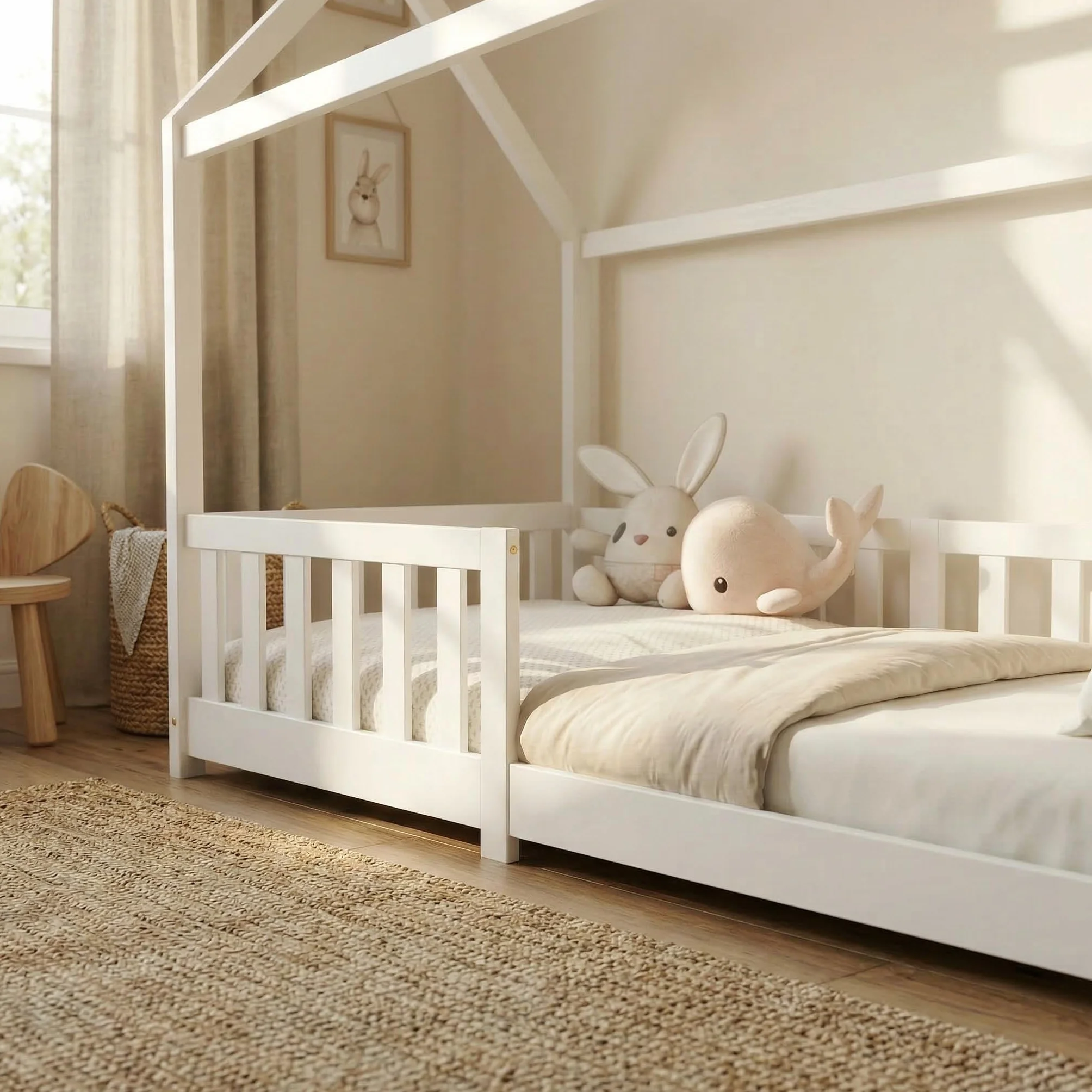 ecomi® Lettino per bambini 90x200 80x160 cm con protezione cadute e rete a doghe Bianco