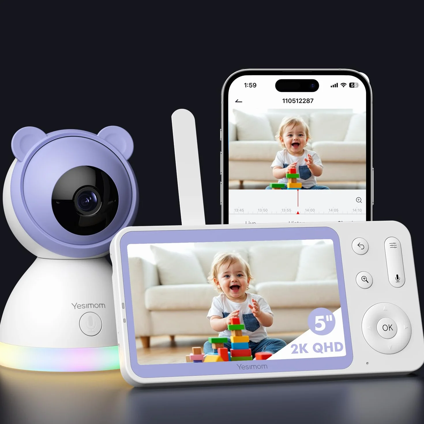 Baby Monitor 2K Video e Audio, Telecamera Bambini con APP, 5" Monitor, Luce Notturna, 360° PTZ, Allarmi Pianto e Movimento 8TM-1PZ