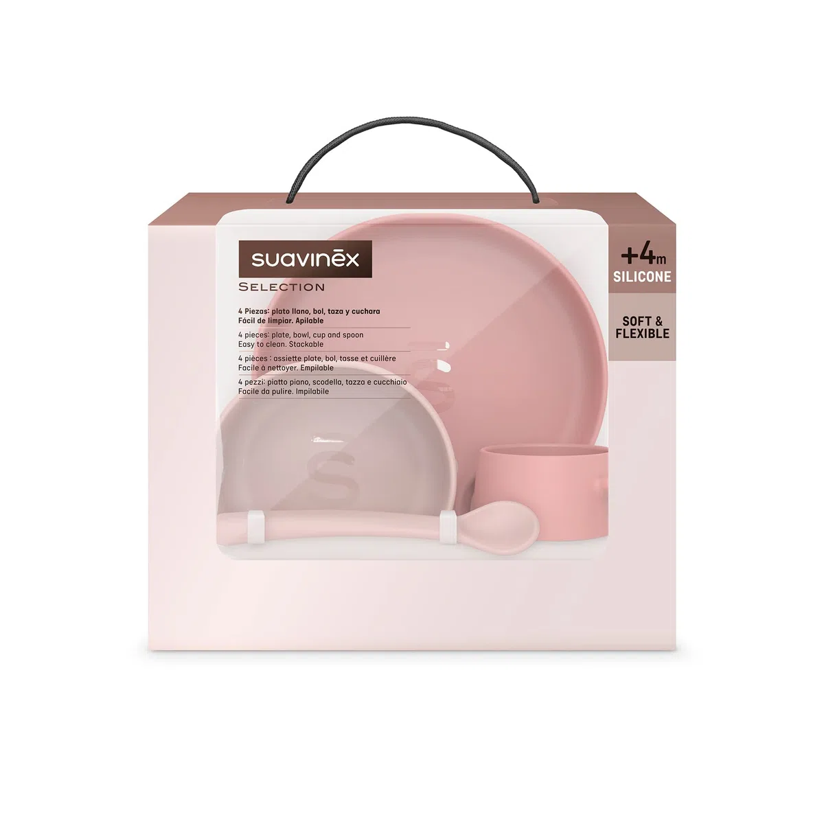 Suavinex, Stoviglie per Bambini in Silicone, con Ventosa Resistente. Include: Ciotola da 350 ml + Piatto da 400 ml + Tazza da 240 ml + Cucchiaio, +4 Mesi. Colour Essence, Rosa