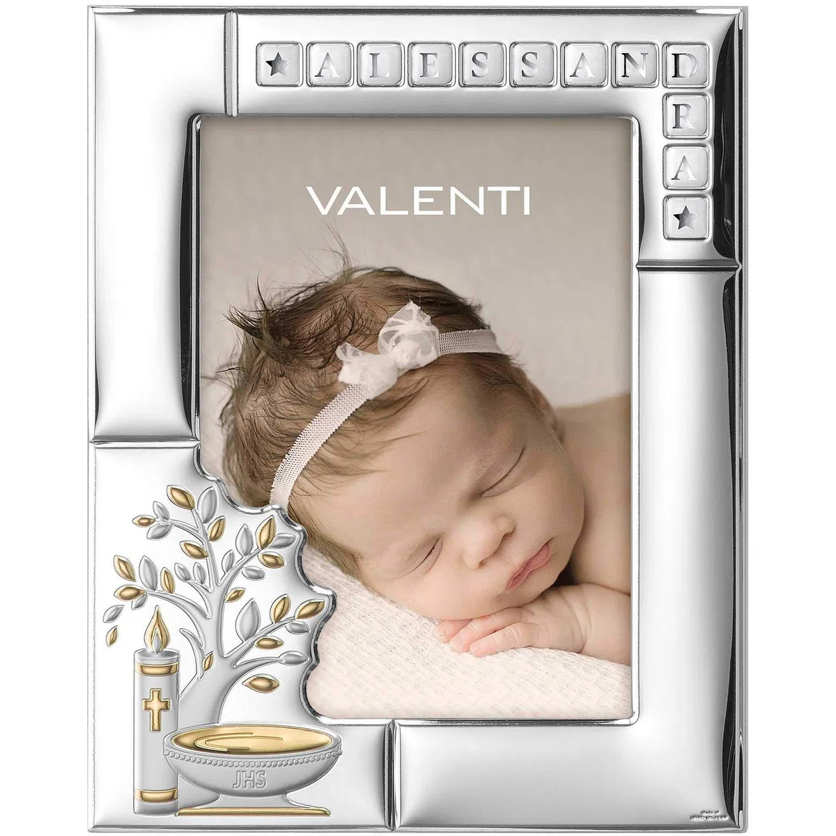 Cornice di Valenti. Cornice Battesimo con letterine Retro Legno in Miro-Silver. Dimensioni: 13x18 cm. La referenza è 51070/4l