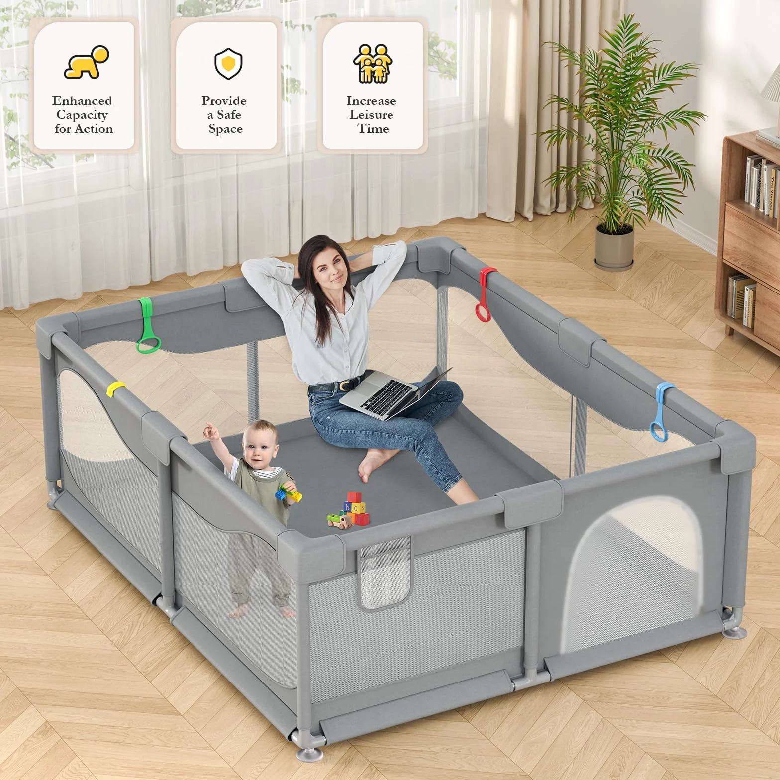 Box Bambini 200 x 180 x 68 cm, Recinto per Bambini Grande con Base a Ventosa, Tessuto Oxford 300D, Facile da Montare e da Pulire, Box Neonato - Senza Tappeto & Palline, Grigio