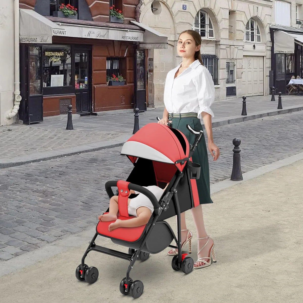 OHMG Passeggino per bambini da 0 a 4 anni, 0 a 22 kg, 3 posizioni di riposo, posizione piatta, pieghevole, con tracolla, imbracatura a 5 punti, cestino, freno a pedale