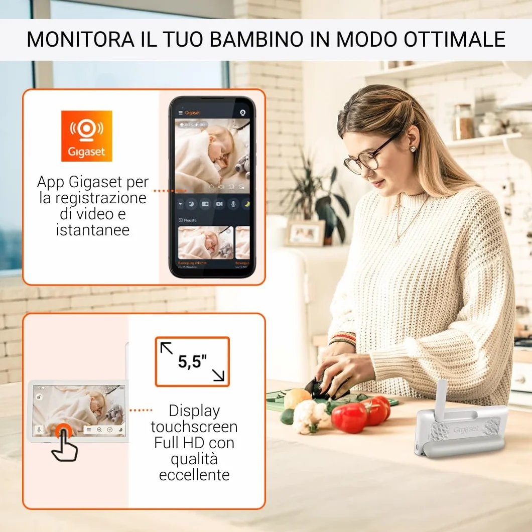 Gigaset BABY 700 Connected – Videocamera per bambini con touchscreen Full HD da 5,5" – Trasmissione sicura FHSS e WLAN–lunga durata della batteria-con app, Cream White/Warm [Versione Italiana]