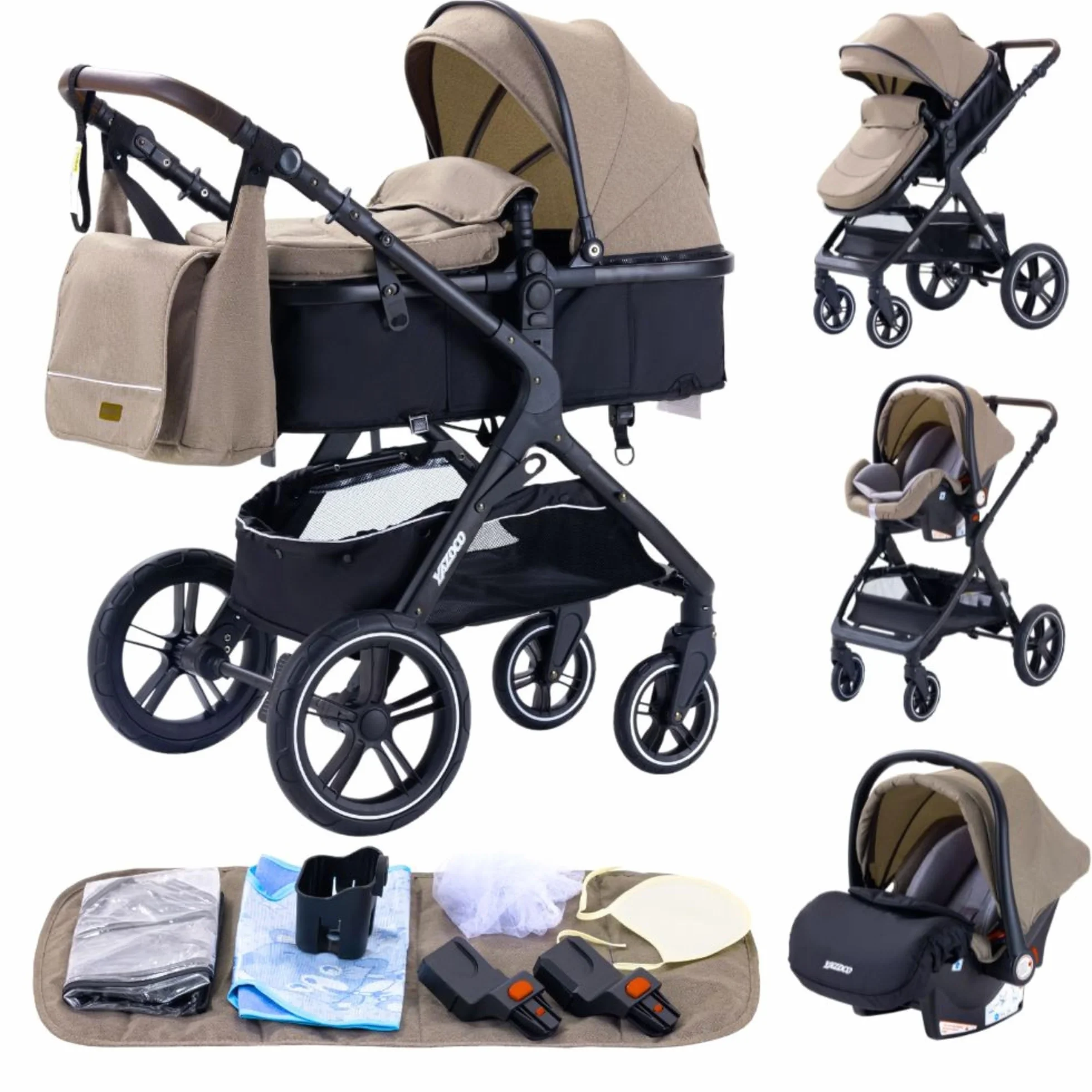 Passeggino 3 in 1 Carrozzina Multifunzionale Pieghevole Neonato Khaki