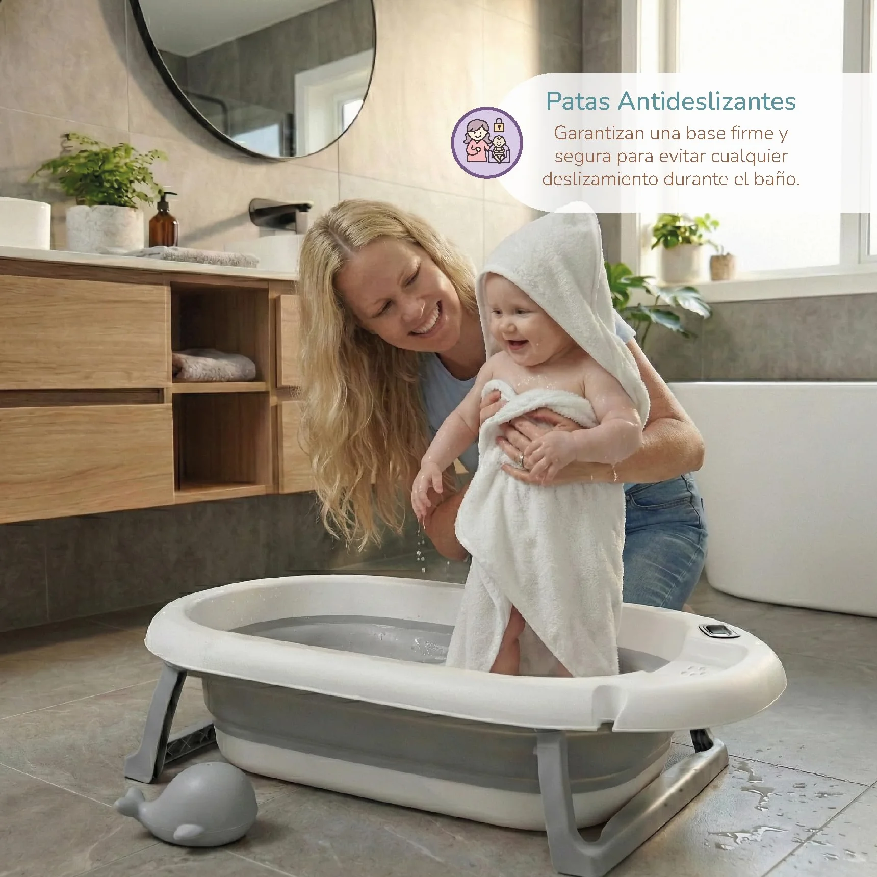 Buddy Baby - Vasca pieghevole BebéSplash con temperatura - Da 0 mesi - Cuscino riduttore rimovibile - Base antiscivolo - Tappo di scarico - Design compatto e portatile - Annaffiatoio balena
