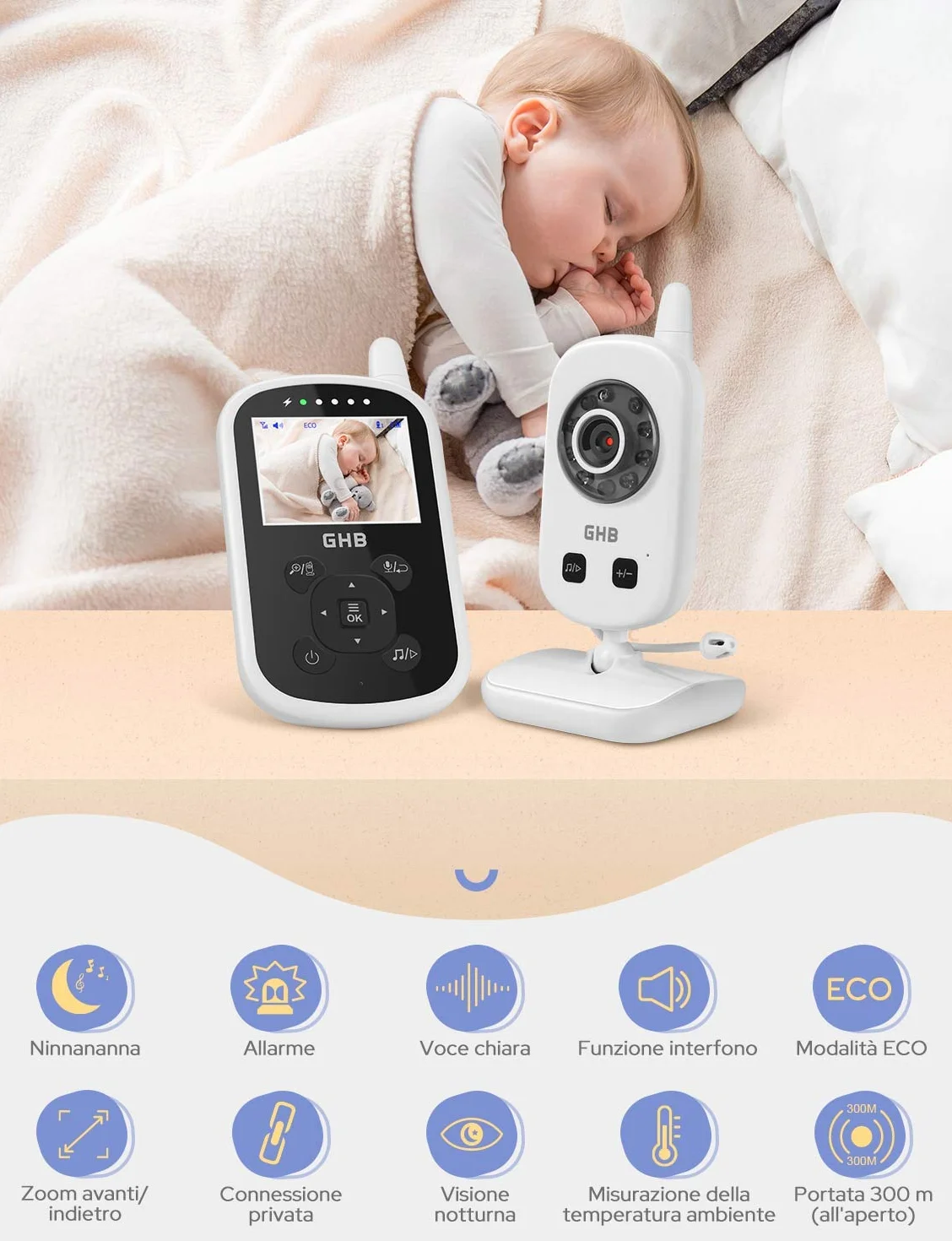 GHB Baby Monitor Videocamera Schermo 2.4" 950mAh VOX Visione Notturna Monitoraggio Temperatura