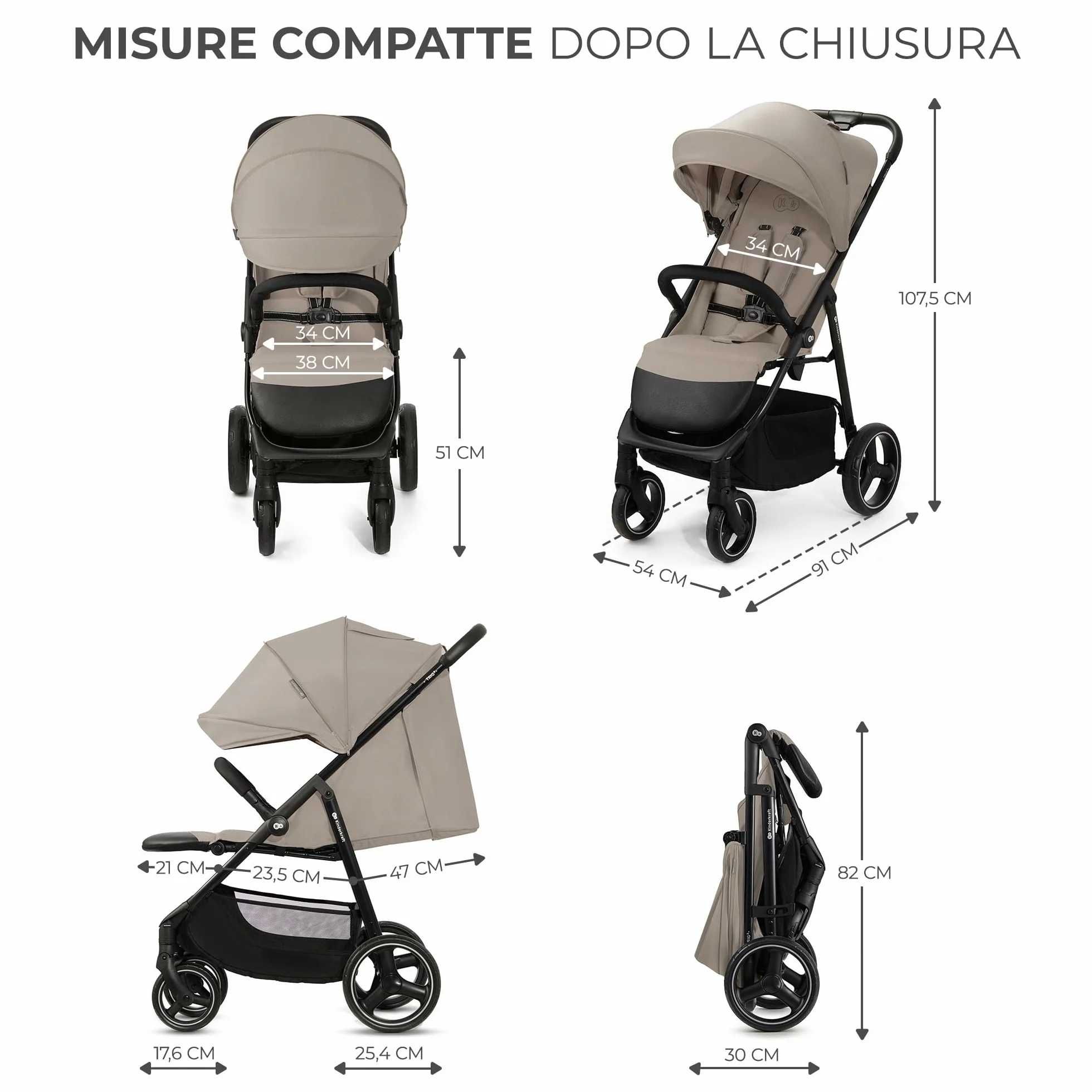 Kinderkraft TRIG 3 Passeggino Leggero Pieghevole Fino a 22 kg Beige