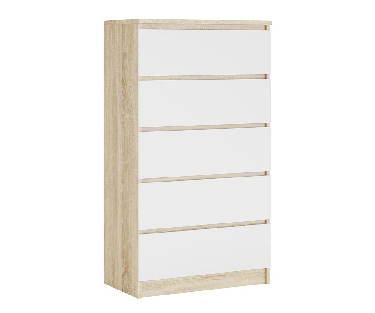 3E 3xE living.com Cassettiera, credenza con 5 cassetti, Quercia sonoma/BIANCO, D: 70 x 124 x 39 cm