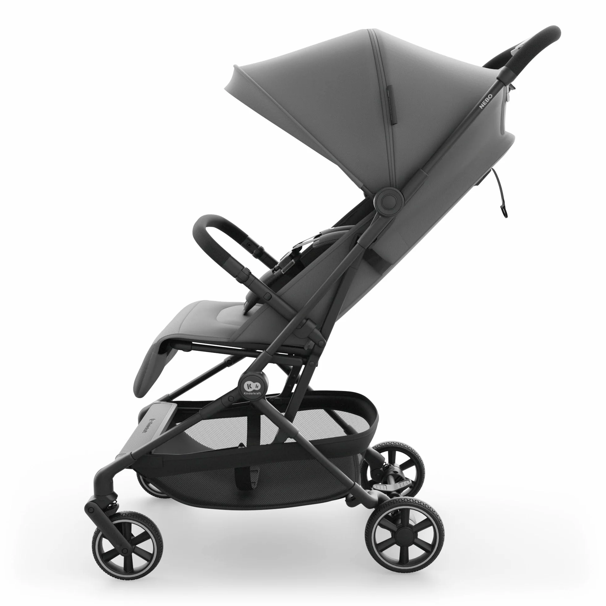 Kinderkraft NEBO passeggino da cabina ultraleggero, chiusura a una mano, resta in piedi, 51x43x21 cm, tracolla e borsa, posizione distesa, cinture 5 punti, Grigio