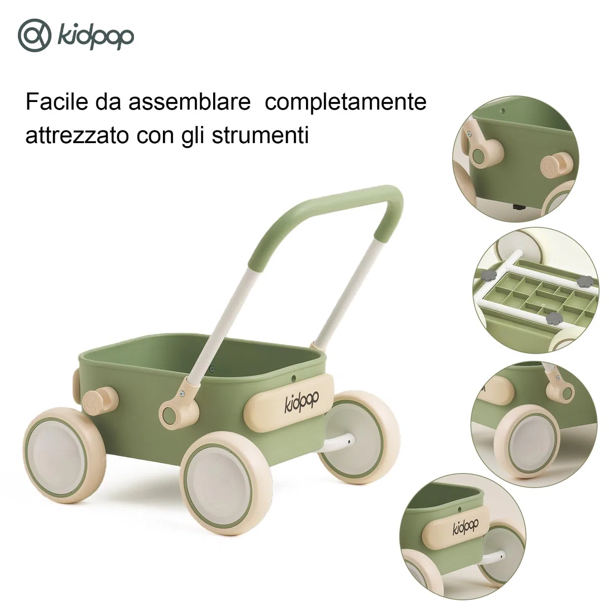 Kidpop PULA girello per bambini 6-18 mesi, carrello con ruote portatutto, carrello portaoggetti multiuso per bambini, gadget compleanno bambini, portata 15 kg (Verde)