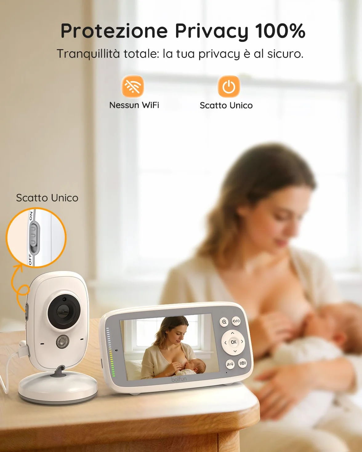 Baby Monitor Schermo IPS 4" 720P Visione Notturna Autonomia 11 Ore Zoom 3x Senza WiFi