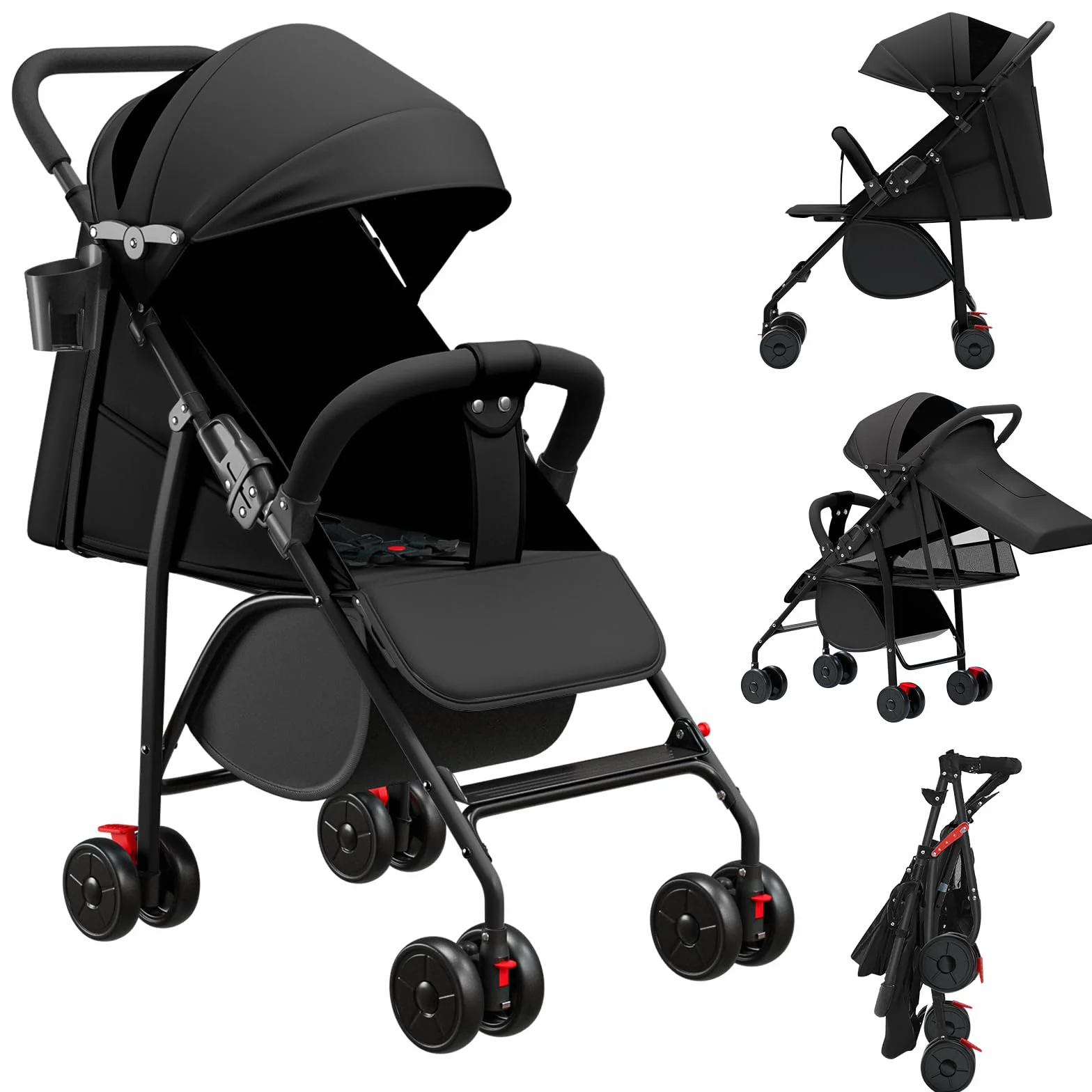 Passeggino Leggero e Compatto Pieghevole 0-4 anni 25 kg Schienale Reclinabile Piegatura Automatica 1 Passaggio Canopy C Nero