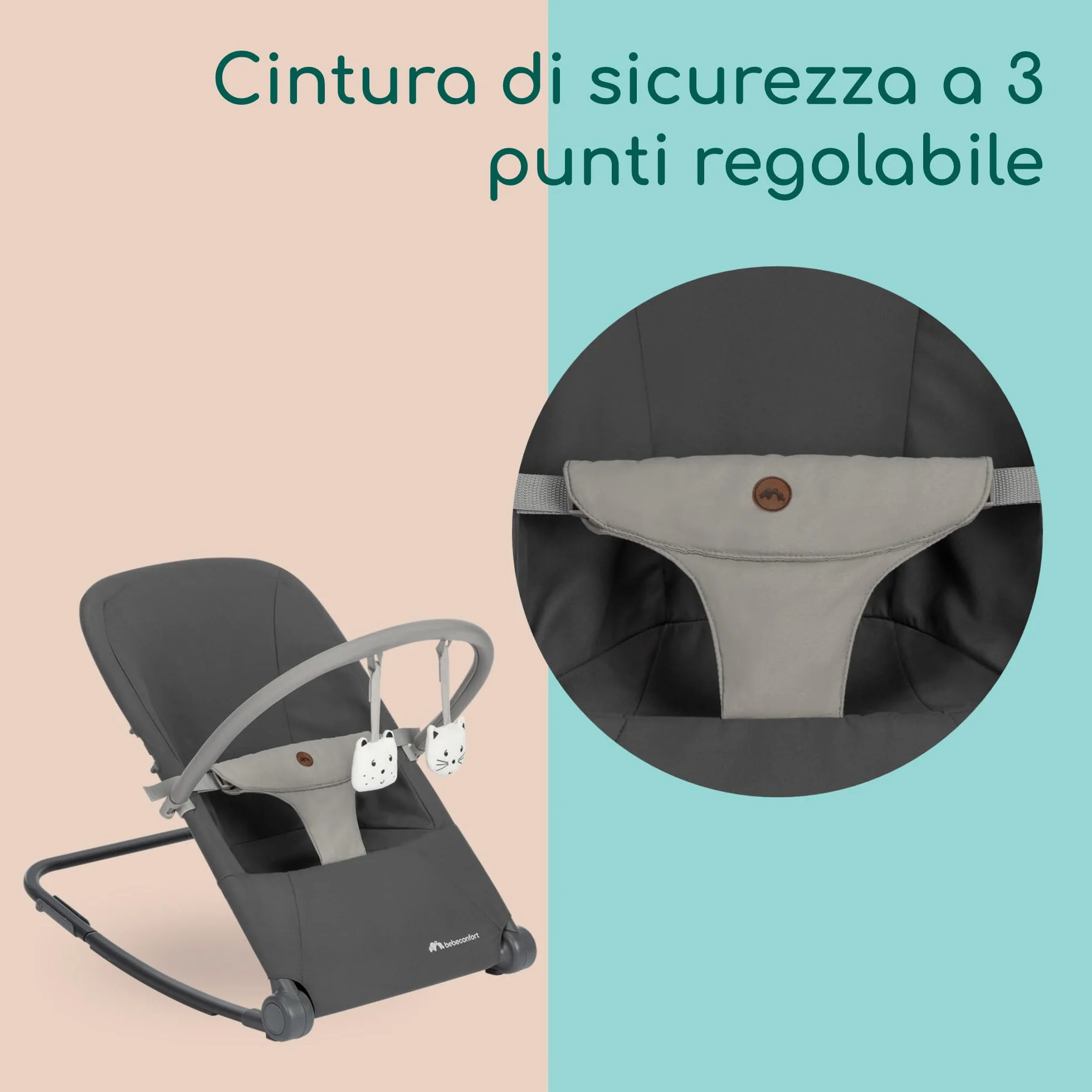 Bebeconfort Aster, Sdraietta Neonato 0–2 anni, Sdraietta a dondolo, Arco Gioco, Schienale Reclinabile Imbottito, Leggera (2,7 kg), Pieghevole Ultracompatta, Modalità fissa, Tinted Graphite