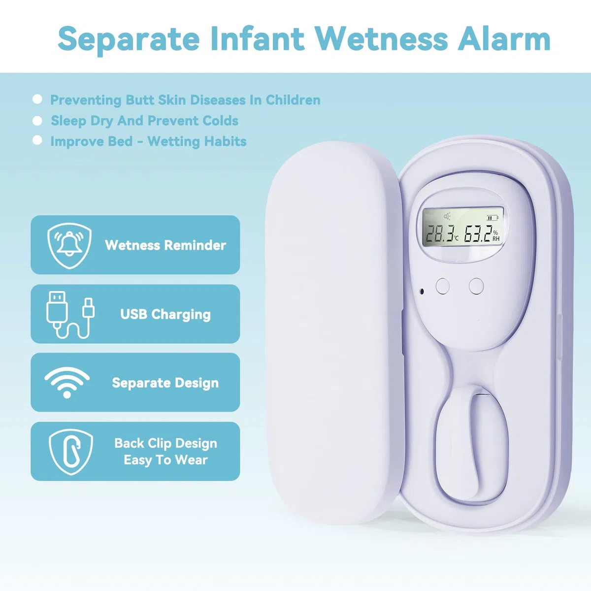 Wireless Allarme per Enuresi Notturna per Bambini, Allarme Pipì con Display per Temperatura e umidità, 3 modalità di Allarme, Ricaricabile USB, Alta Sensibilità, Cura dei Bambini e degli Anziani