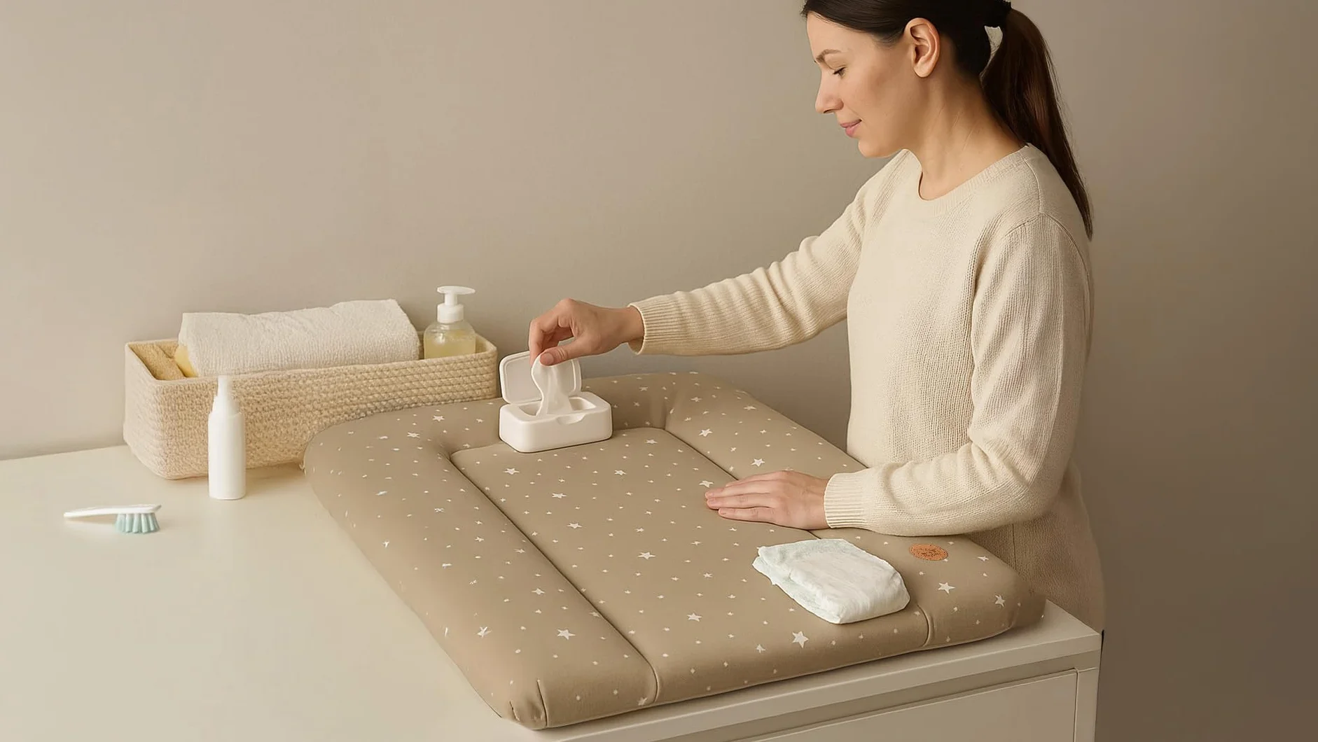 Materassino Fasciatoio Neonato 70x50 cm Impermeabile Lavabile Oeko-Tex Beige Stelle Bianche