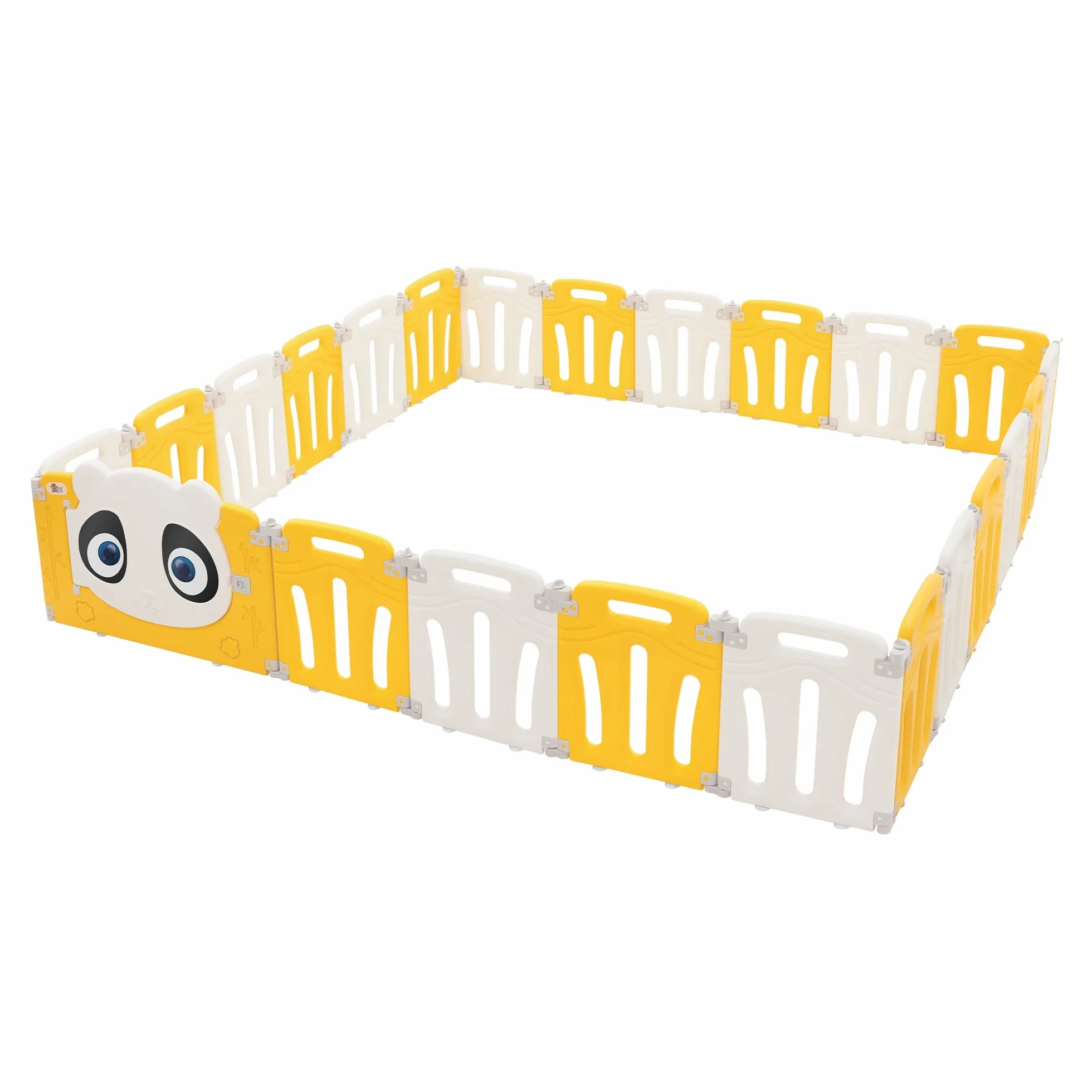 Joyz Box Bambini 240x240 cm Pieghevole Design Panda Bianco/Giallo Cancelletto con Porta e Orologio Didattico Recinto in Plastica per Interni/Esterni Cancelletto per l’Esplorazione dei Neonati