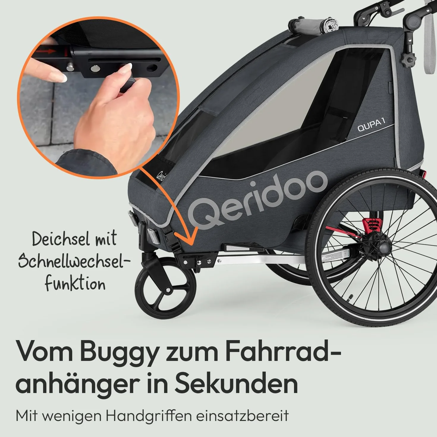 Rimorchi per bicicletta marca QERIDOO. Modello Kinderfahrradanhänger & Buggy QUPA 1 für 1 Kind mit Kupplung, Blattfeder-Dämpfsystem (bis 50 kg) - Grigio