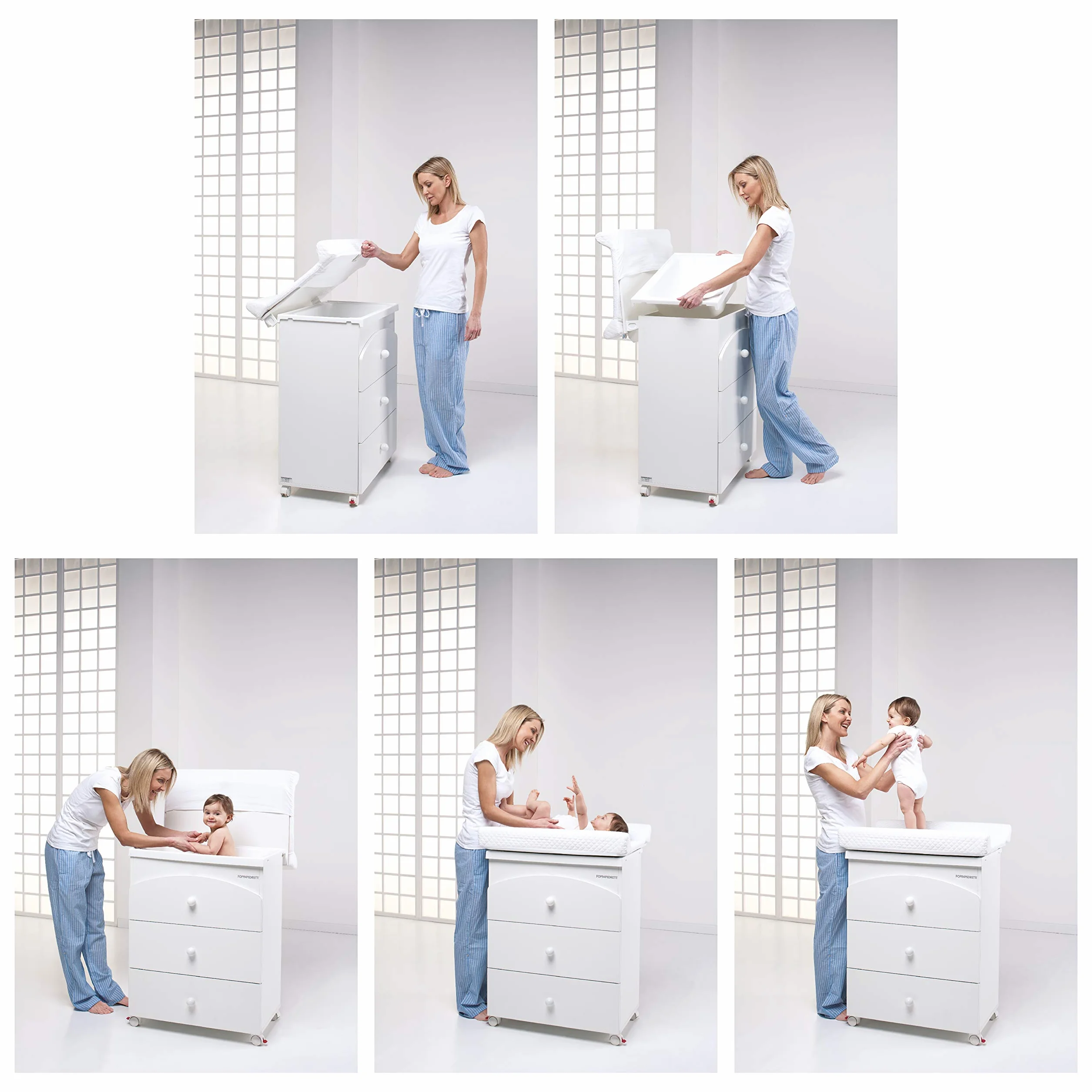 Foppapedretti Bagnetto Fasciatoio IlBagnetto, Legno, 3 Cassetti, Piano Ribaltabile, Vaschetta Anatomica Estraibile, 4 ruote, Materassino Incluso, 89x46x69 cm, Bianco