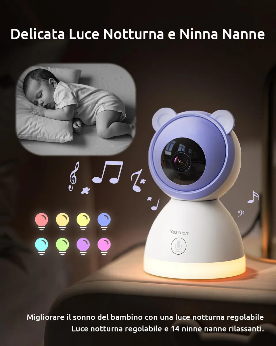 Baby Monitor con Telecamera 2K e Monitor 5'', Doppio Controllo tramite Monitor e App, Connessione Senza WiFi fino a 300m, WiFi 2.4G, Visione Notturna a Colori, IR Invisibile 940nm, Cloud/SD