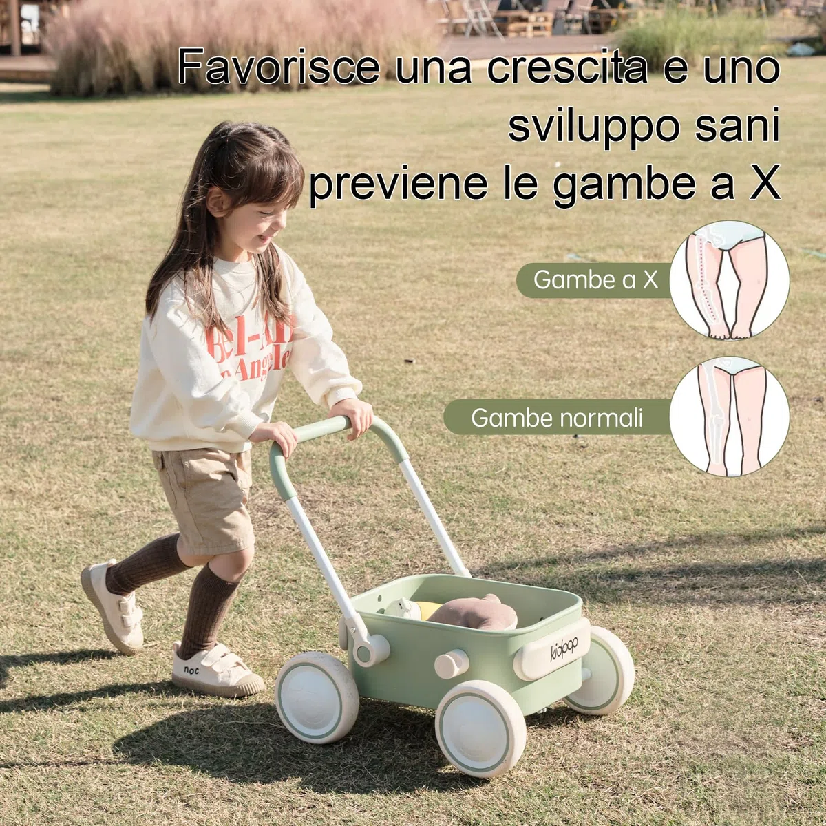 Kidpop PULA girello per bambini 6-18 mesi, carrello con ruote portatutto, carrello portaoggetti multiuso per bambini, gadget compleanno bambini, portata 15 kg (Verde)