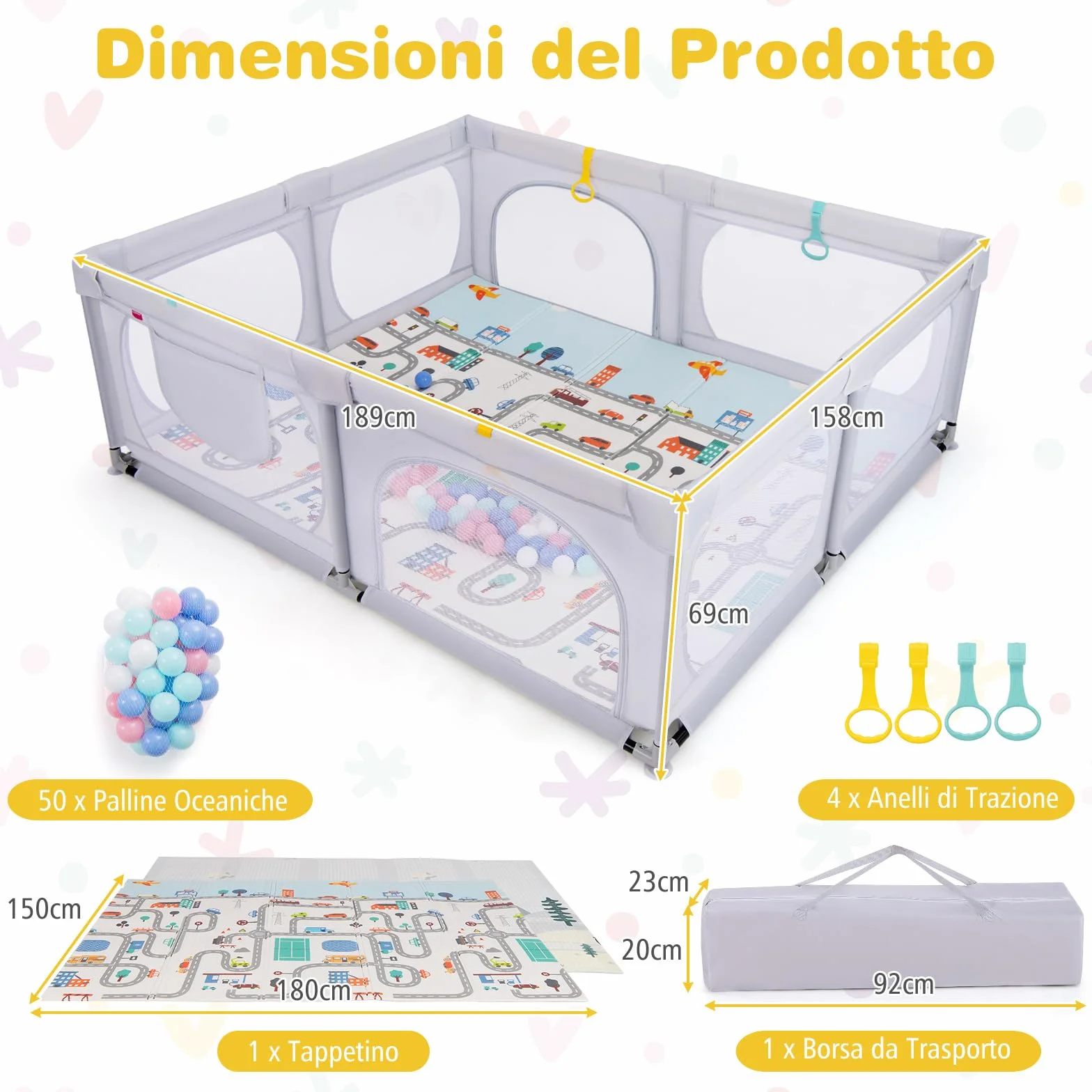 COSTWAY Box per Bambini con Materassino, Recinto per Bambini con 4 Anelli e 50 Palline Colorate, Rete Traspirante, Tasca e Borsa, Box Giochi per Bambino 0-3 Anni (Grigio Chiaro, 189 x 158 cm)