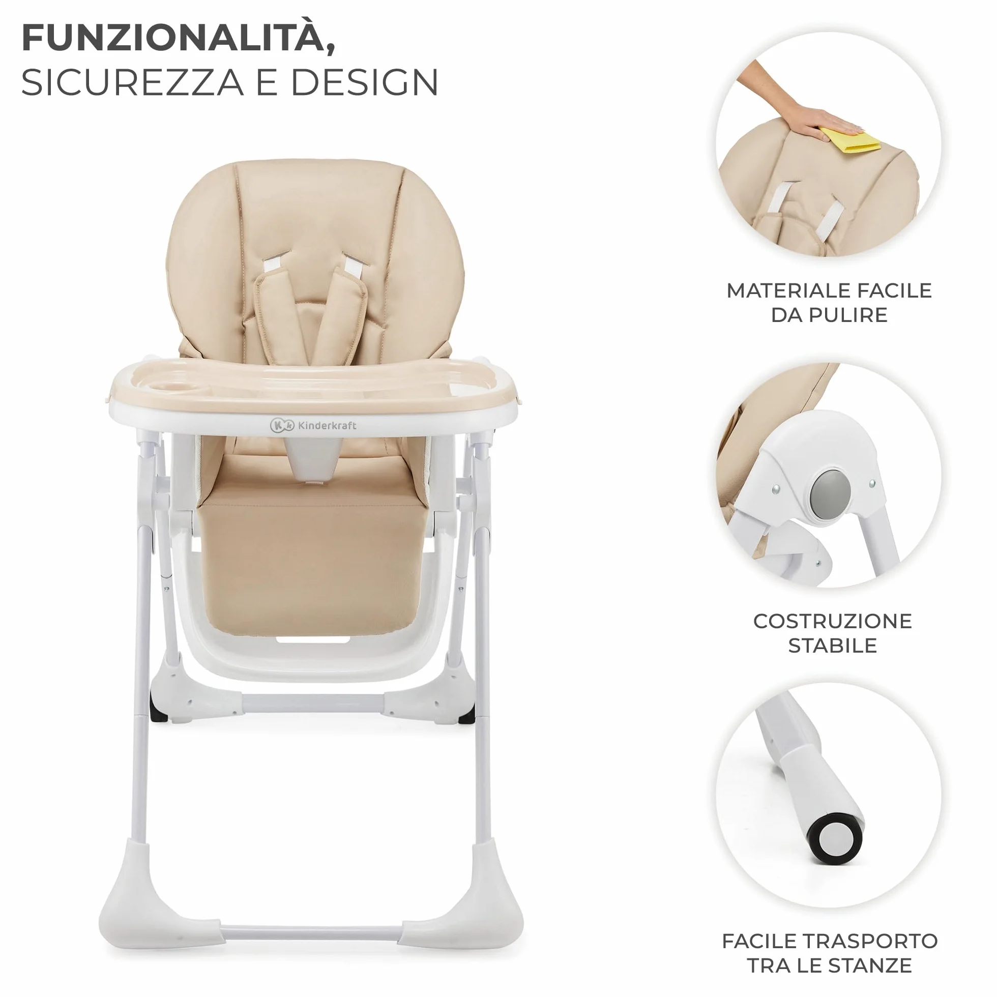 Kinderkraft TUMMIE Seggiolone 2 in 1 Ergonomico Reclinabile Pieghevole Altezza Regolabile Beige