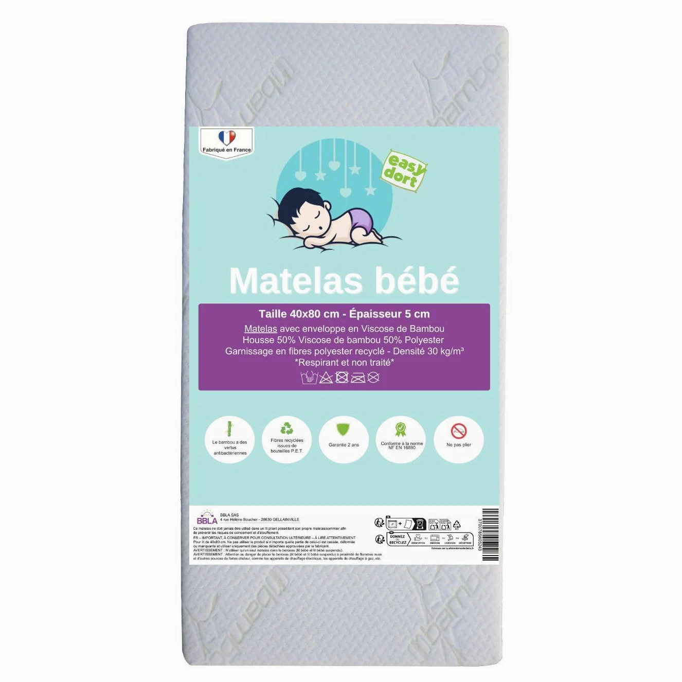 Easy Dort - Materasso per culla 40 x 80 cm - Culla, navicella o lettino - Fodera in bambù | Estate e inverno | Doppio lato | Molto confortevole | Prodotto in Francia 40x80 cm | Oekotex® | Bianco