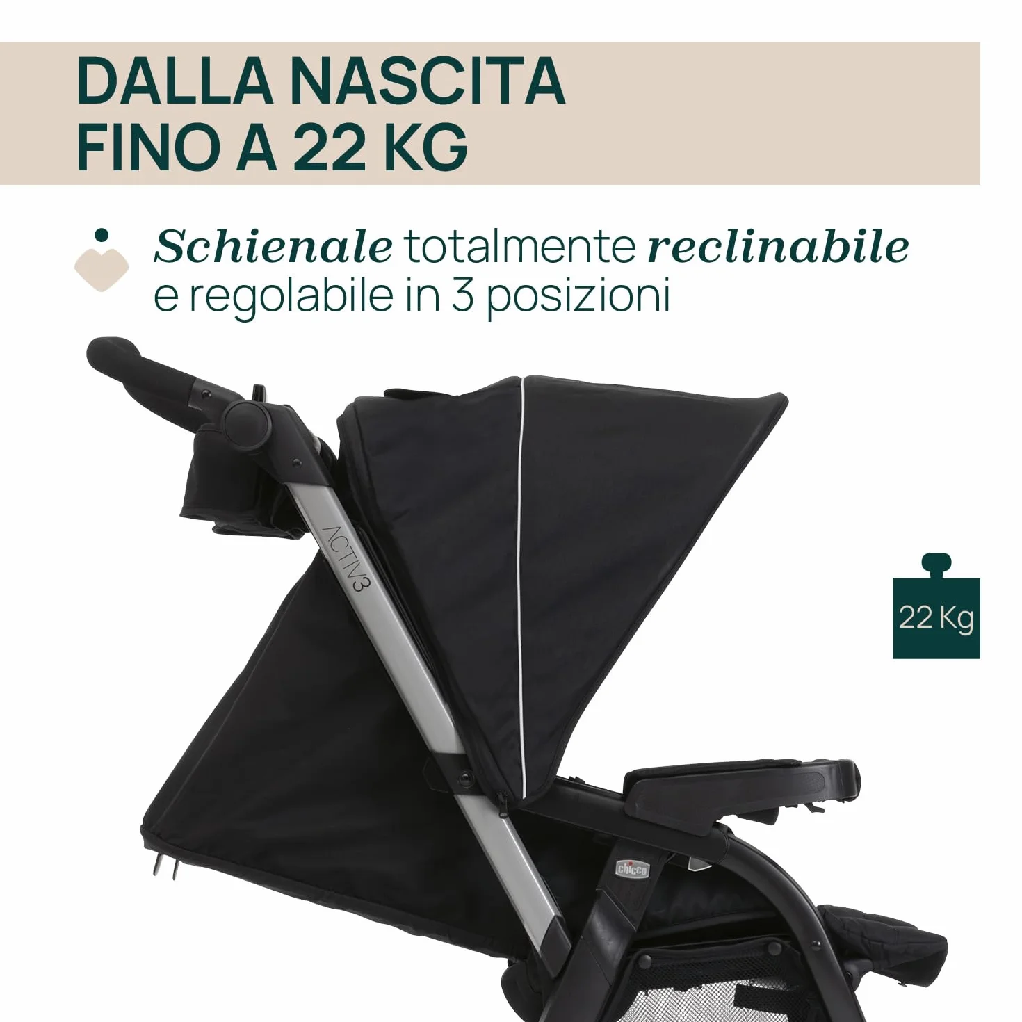 Passeggino Activ3 Con 3 Ruote, Funzionale e Facile da Guidare Su Tutti i Terreni, Seduta Ampia, Schienale Reclinabile, Chiusura Pratica e Veloce, Ammortizzatori Regolabili, 0 Mesi+, Ebony