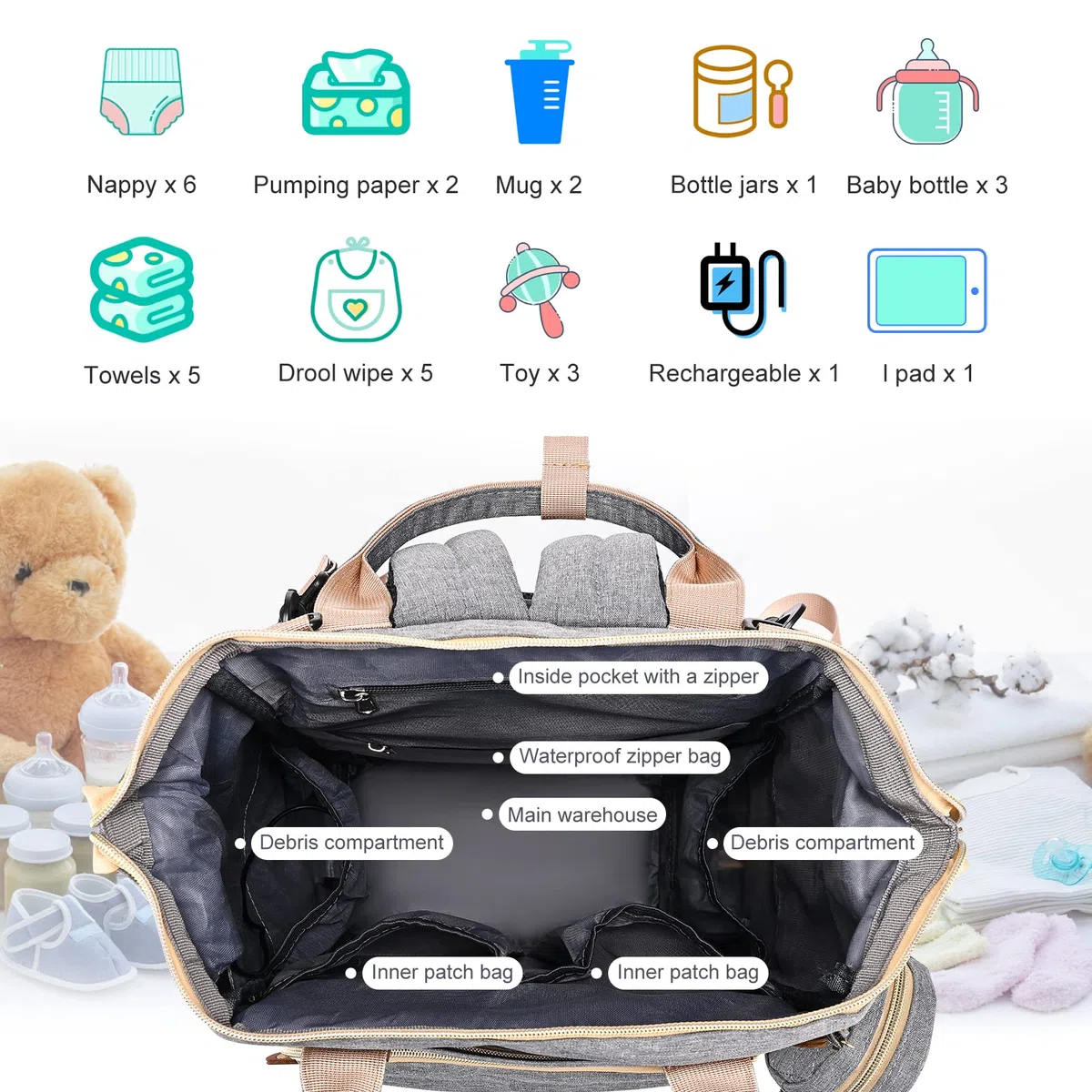 Towwoo Zaino Mamma Multifunzione, 35L Zaino Fasciatoio Neonato Portatile con Lettino Pieghevole, Grande Capacità Cambio Neonato Impermeabile per Bebè Passeggino, Porta di Ricarica USB